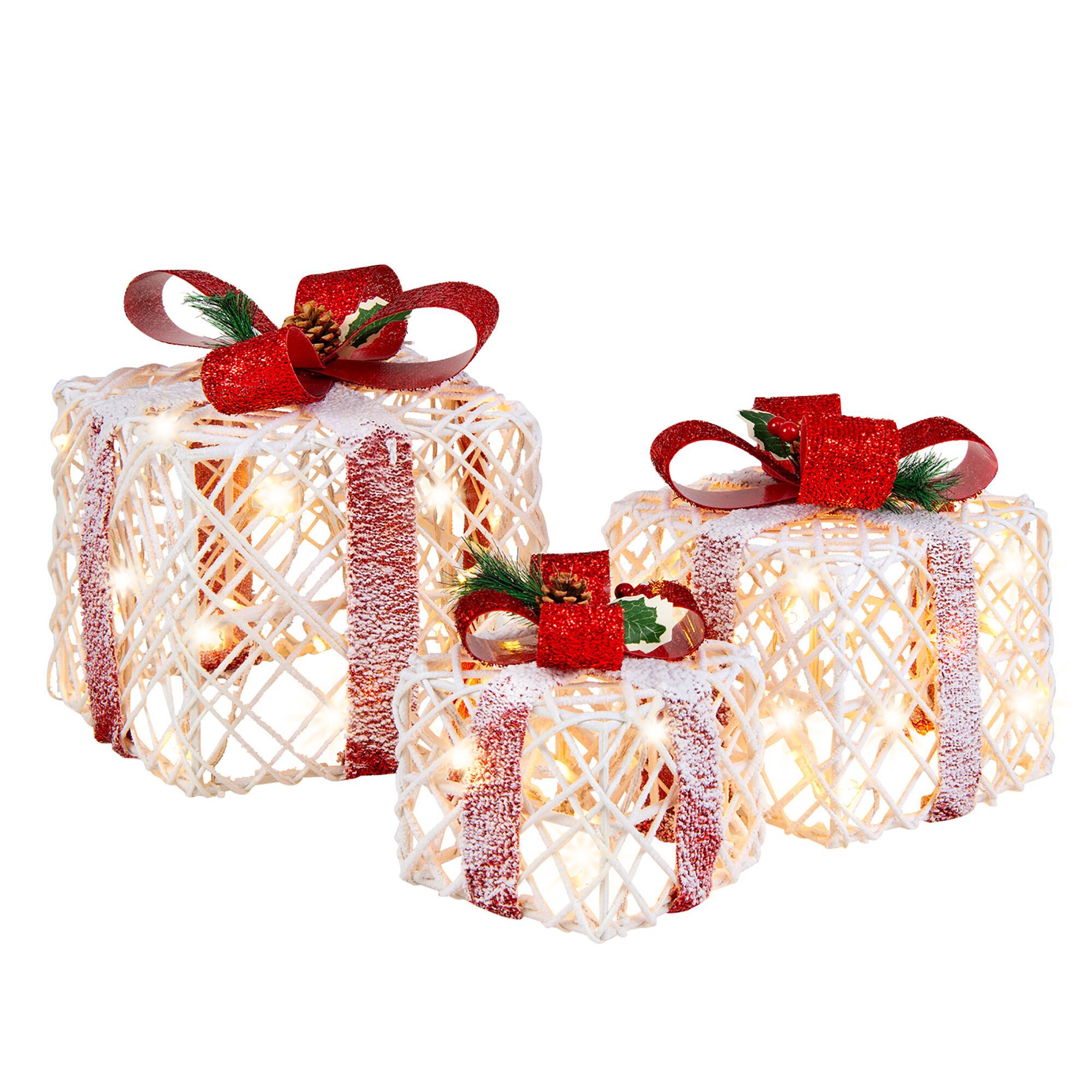 Alt View 9. Gymax - Gymax Set of 3 Christmas Present Boxes Festival Lighted Decor Boxes w/ Warm Lights - White,Red.