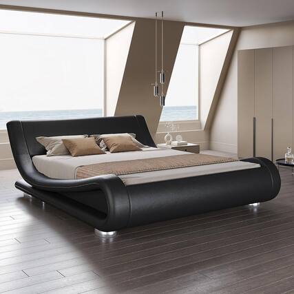 Front. Hivvago - Queen Modern Black Upholstered Platform Bed Frame with Sleigh Curved Headboard - Black.