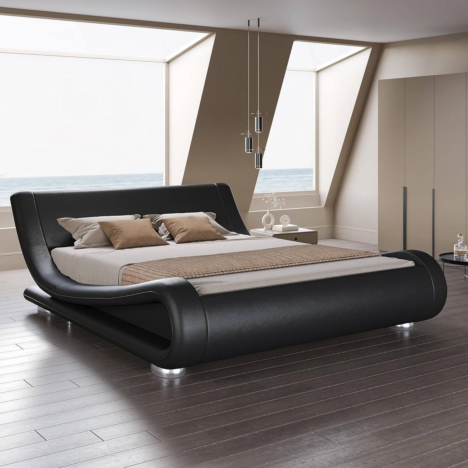 Front. Hivvago - Queen Modern Black Upholstered Platform Bed Frame with Sleigh Curved Headboard - Black.