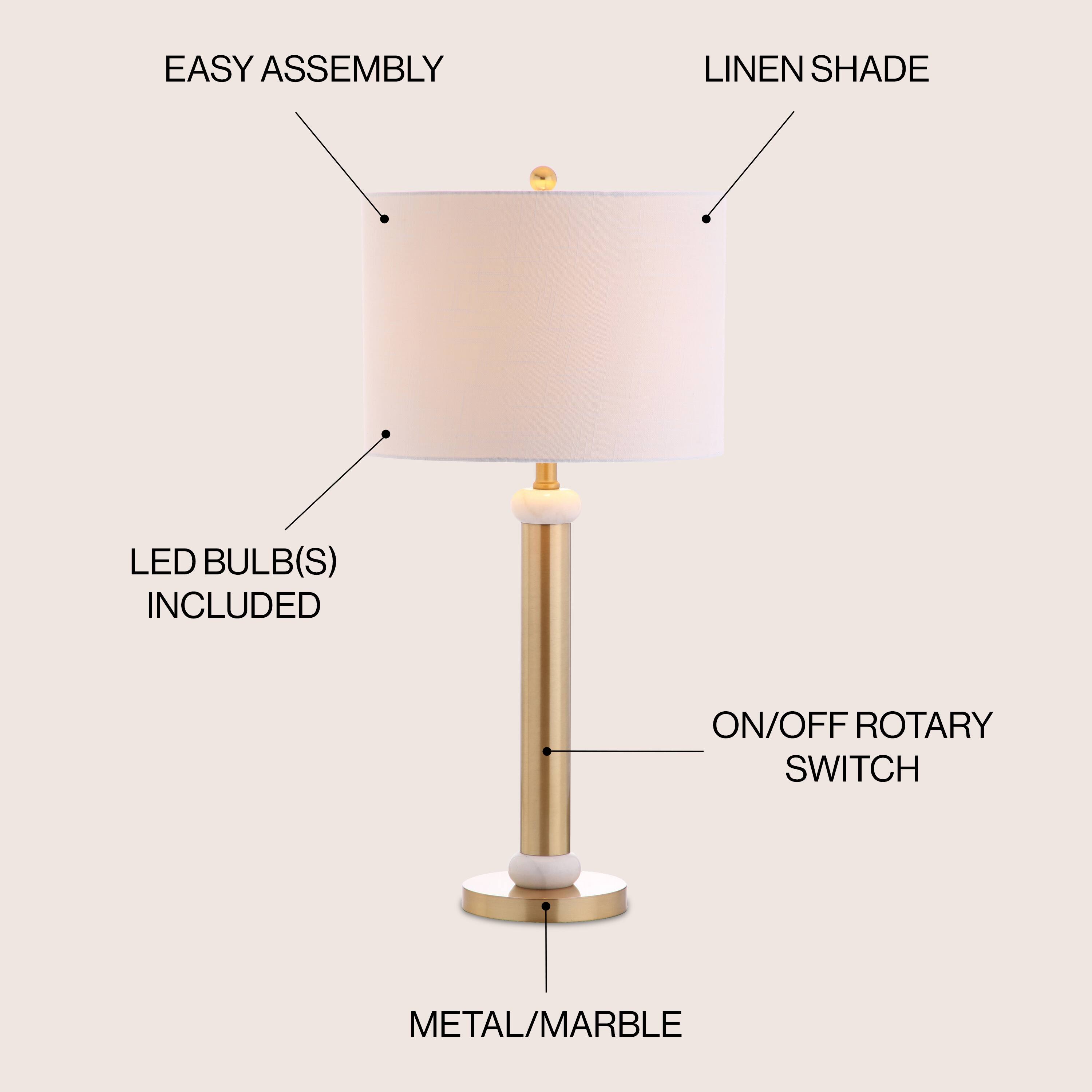 EASY ASSEMBLY  
LINEN SHADE  
LED BULB(S) INCLUDED  
ON/OFF ROTARY SWITCH  
METAL/MARBLE