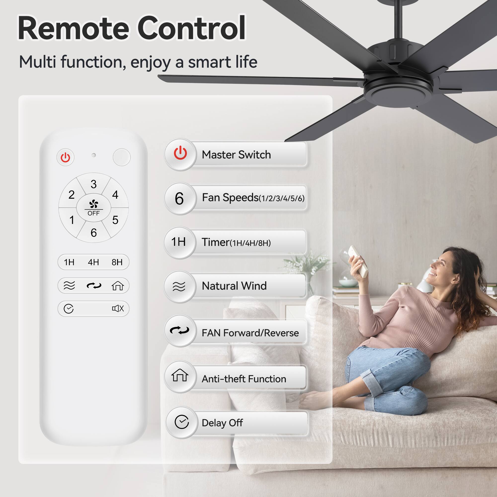 Remote Control  
Multi function, enjoy a smart life  

- Master Switch  
- Fan Speeds (1/2/3/4/5/6)  
- Timer (1H/4H/8H)  
- Natural Wind  
- FAN Forward/Reverse  
- Anti-theft Function  
- Delay Off