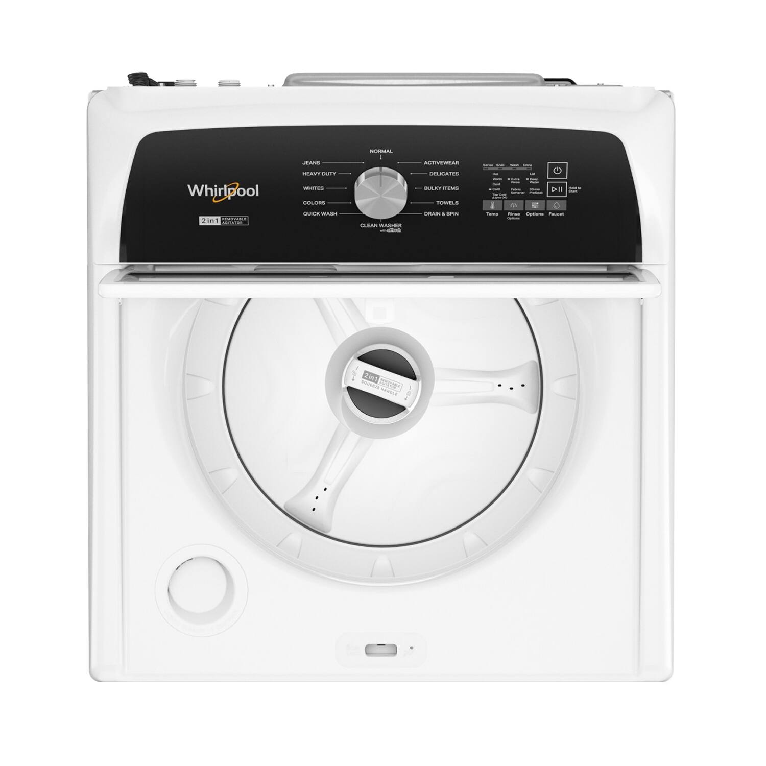 Sure, here is the corrected and grouped text from the image:

---

**Whirlpool**

**2 in 1**  
**WASHER & DRYER**

**WASHER**

- JEANS
- HEAVY DUTY
- WHITES
- COLORS
- QUICK WASH
- CLEAN

**DRYER**

- NORMAL
- HEAVY DUTY
- DELICATES
- BULKY ITEMS
- TOWEL/6
- DRAIN & SPIN

**ADDITIONAL FEATURES**

- ACTIVewear
- Bulky Items
- Delicates
- Towel/6
- Sanitize
- Steam
- Sensor Dry
- Wrinkle Shield

**CONTROL PANEL**

- Start/Pause
- Timer
- Temperature
- Spin Speed
- Wrinkle Shield
- Steam
- Sensor Dry

**2 in 1 WASHER & DRYER**

---

This text is organized to reflect the layout and functions of the Whirlpool 2 in 1 washer and dryer.