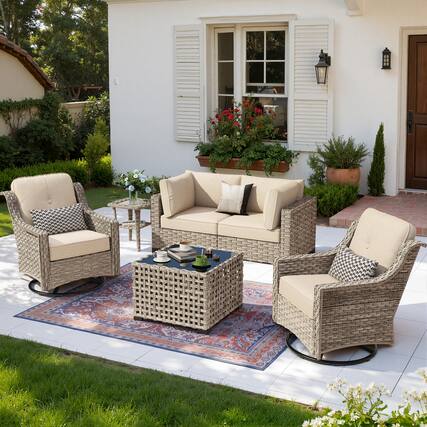 Front. Ovios - 6 PCS Patio Furniture Sectional Sofa Set Swivel Rocking Chair with Coffee Table & Side Table - Beige.