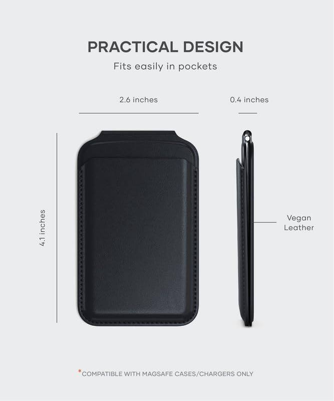 PRACTICAL DESIGN  
Fits easily in pockets  

2.6 inches  
0.4 inches  
4.1 inches  

Vegan Leather  

COMPATIBLE WITH MAGSAFE CASES/CHARGERS ONLY
