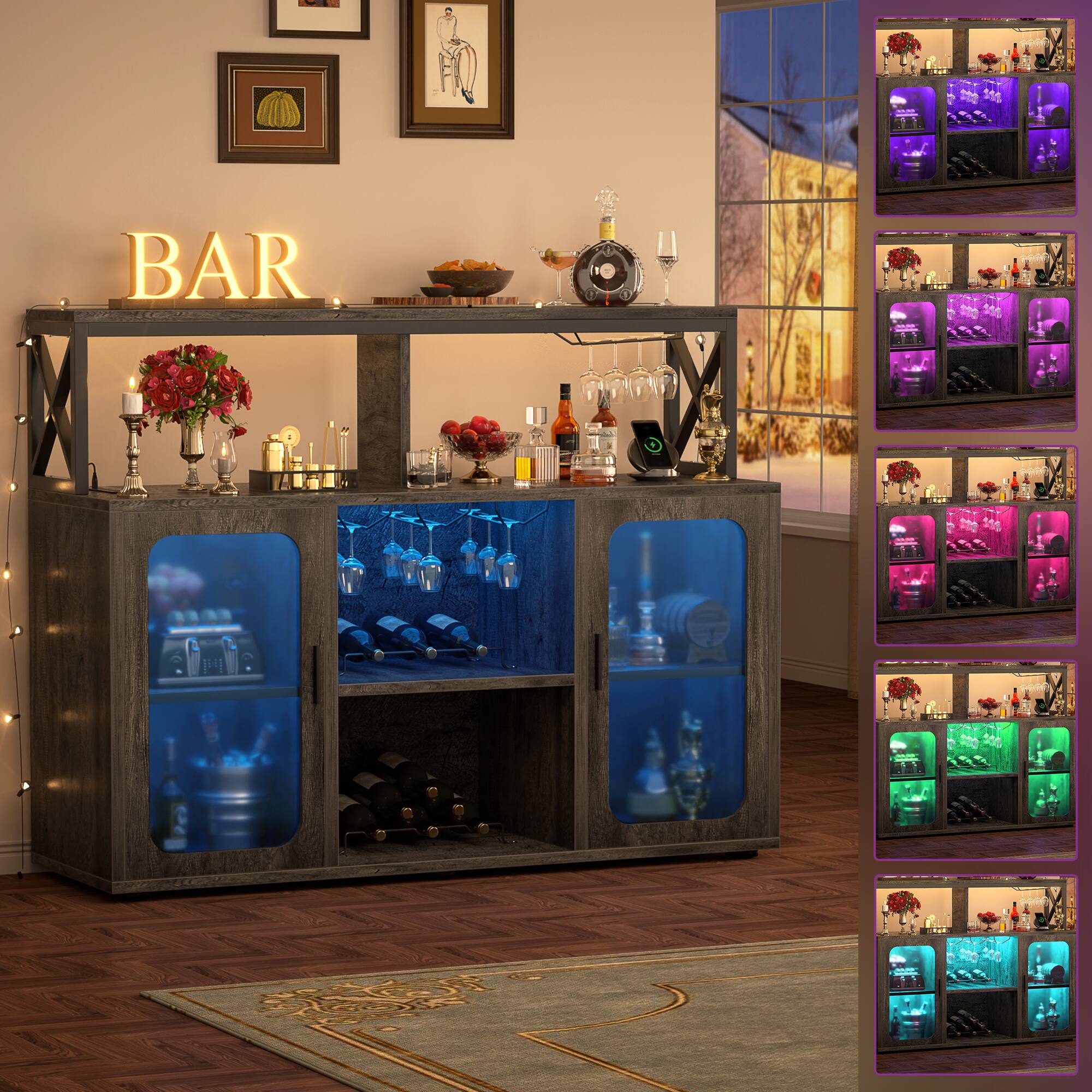 Alt View 1. Aheaplus - Bar Cabinet with Power Outlets & LED Lights, Glass Holder, Wine Rack,Multi-functional Storage Buffet for Home/Kitchen - Gray Oak.