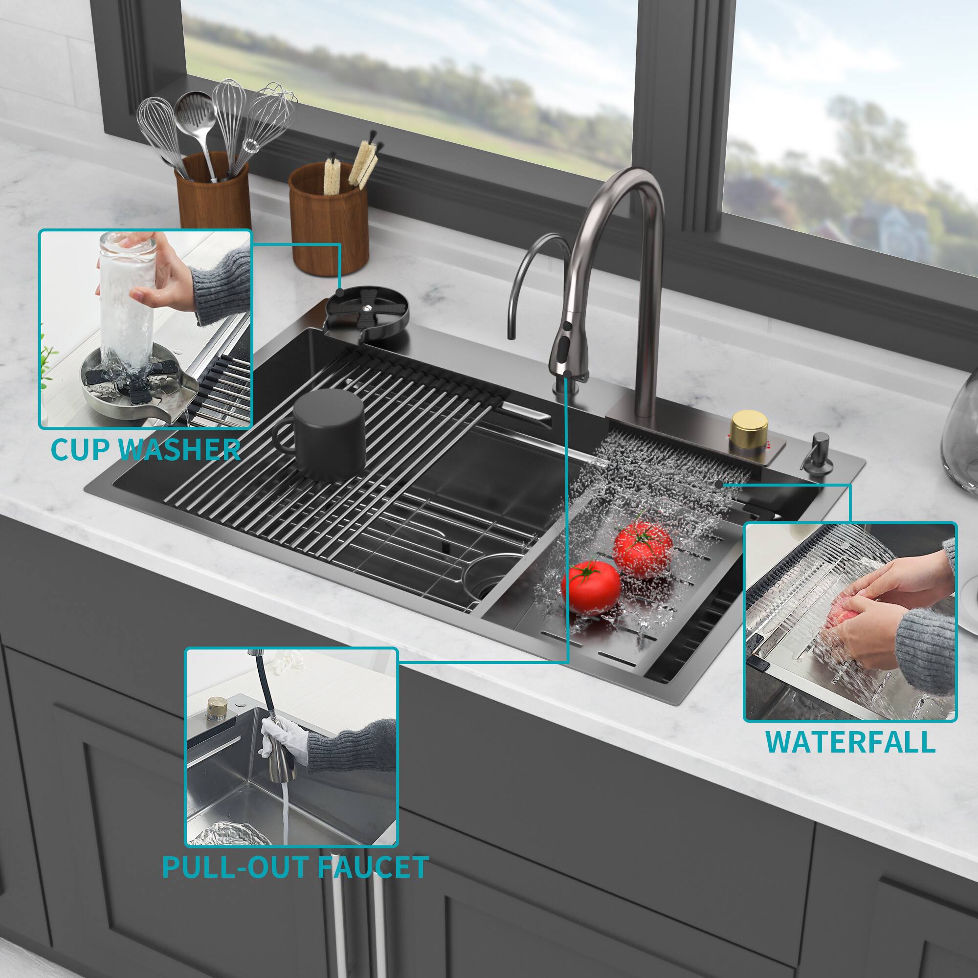 CUP WASHER  
PULL-OUT FAUCET  
WATERFALL