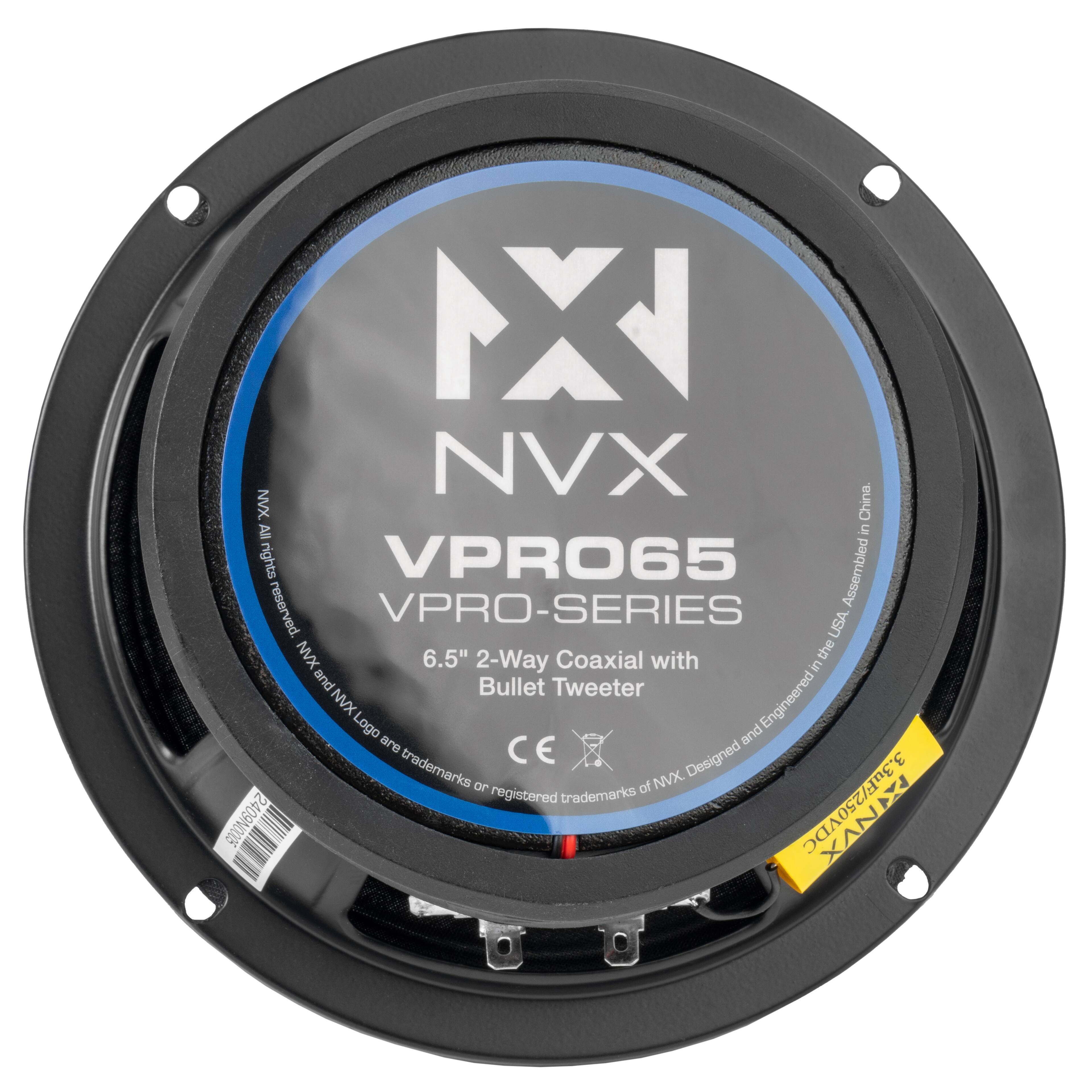 NX NVX NVX China. All rights reserved. VPRO65 Assembled in the USA NVX 6.5" 2-Way Coaxial with Bullet Tweeter NVX Logo Engineered and Designed 3 trademarks or registered trademarks of NVX 3.3uF/250VDC 2409N0005
