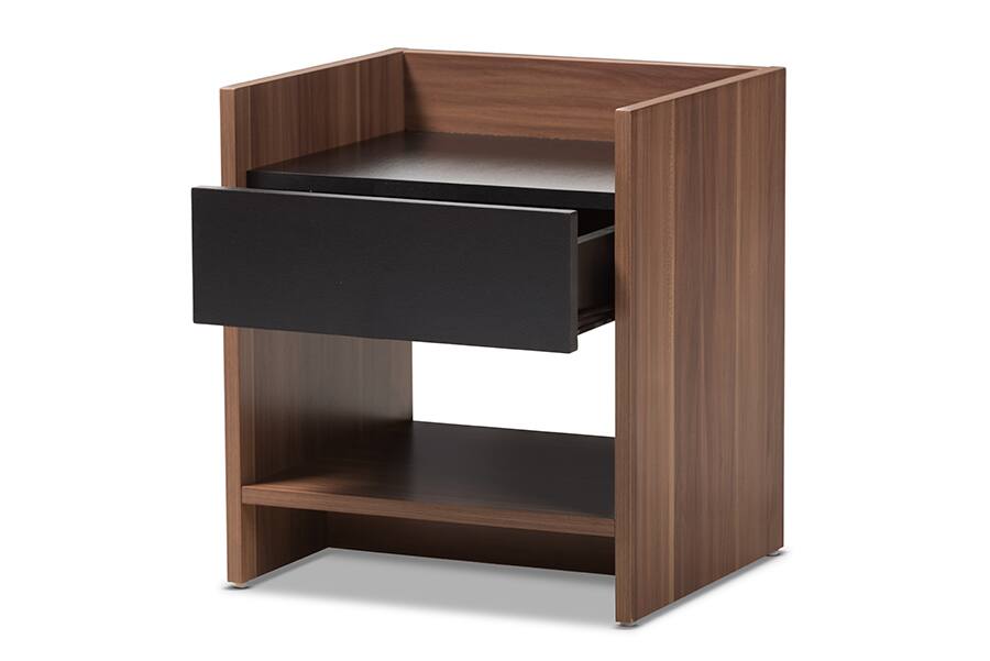 Angle. Baxton Studio - Vanda Modern and Contemporary Two-Tone Walnut and Wood 1-Drawer Nightstand - Black/"Walnut" Brown.