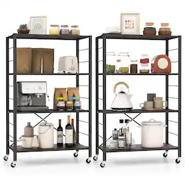 Gymax - 2 PCS 4-tier Foldable Storage Shelf w/ Lockable Wheels Home Shelving Unit for Tool Room - Black, Rustic Brown