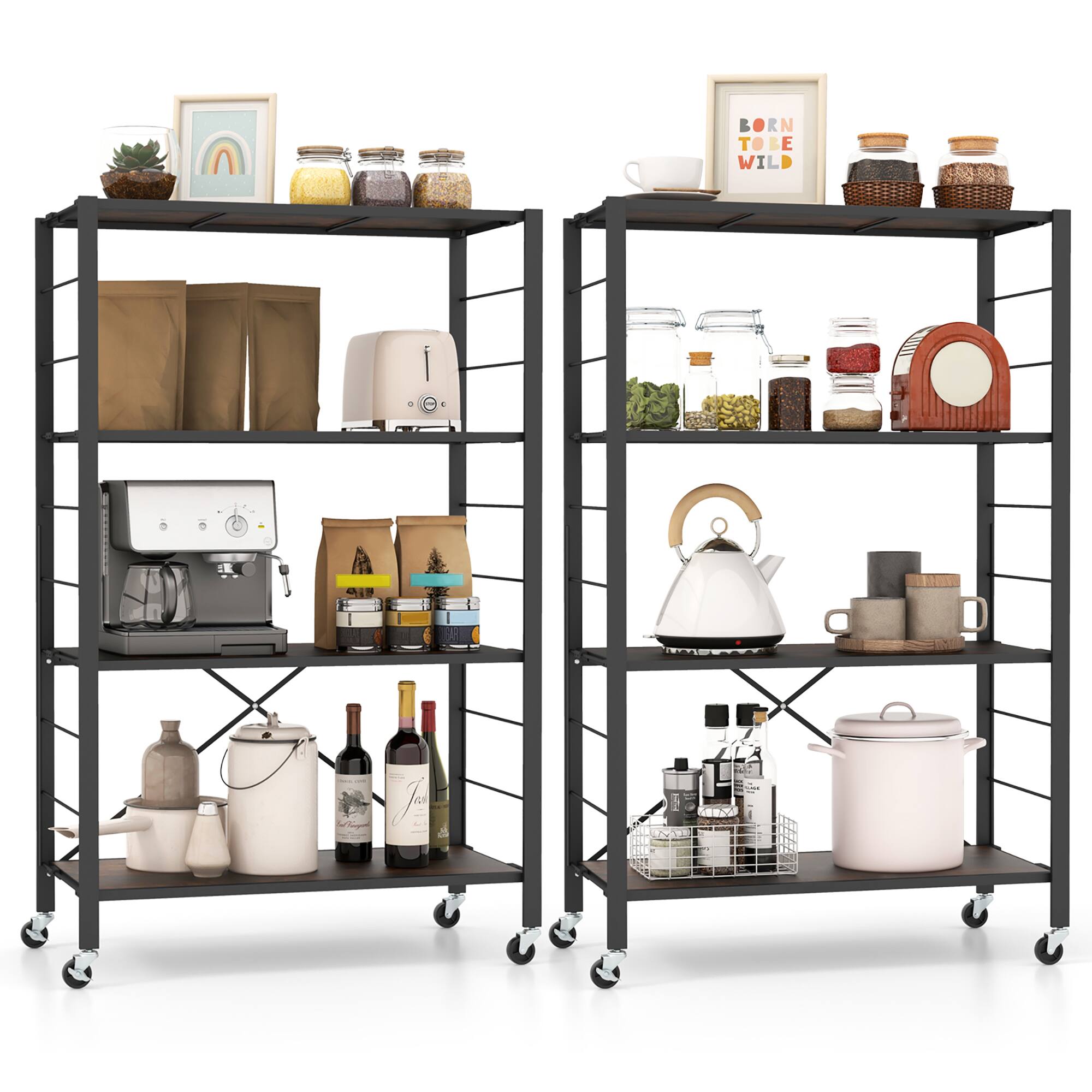Front. Gymax - Gymax 2 PCS 4-tier Foldable Storage Shelf w/ Lockable Wheels Home Shelving Unit for Tool Room - Black, Rustic Brown.