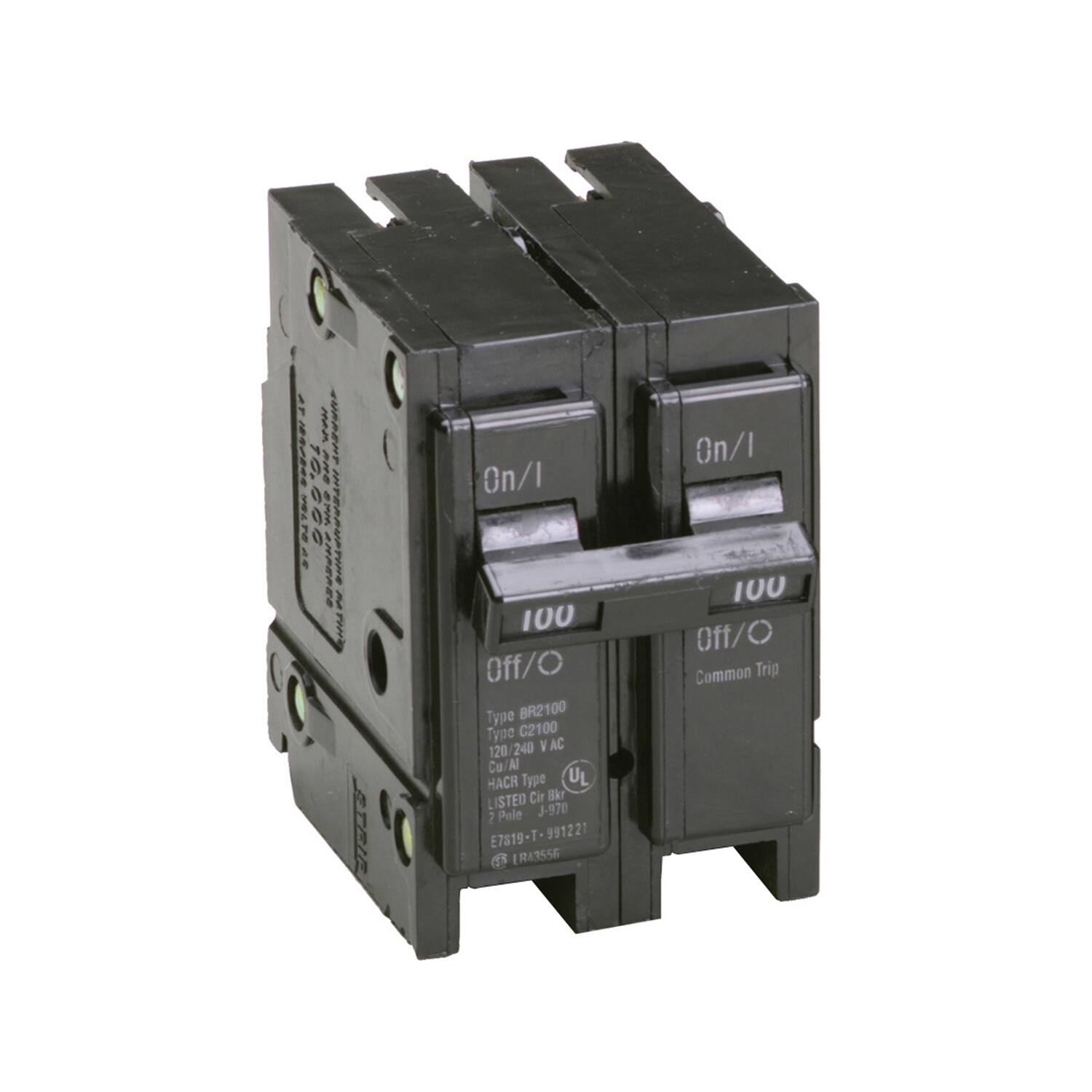 HAP. 10. AMPERES INTERRUPTING  
On/1 100 Off/0  
Type BR2100 Type C2100  
120 240 V AC  
Cu/Al  
HACR Type  
LISTED Cir 8kr  
2 Pole  
J-970  
E7819-T-991221  
E7819-LR43556  
On/1 IUU Off/O  
Common Trip