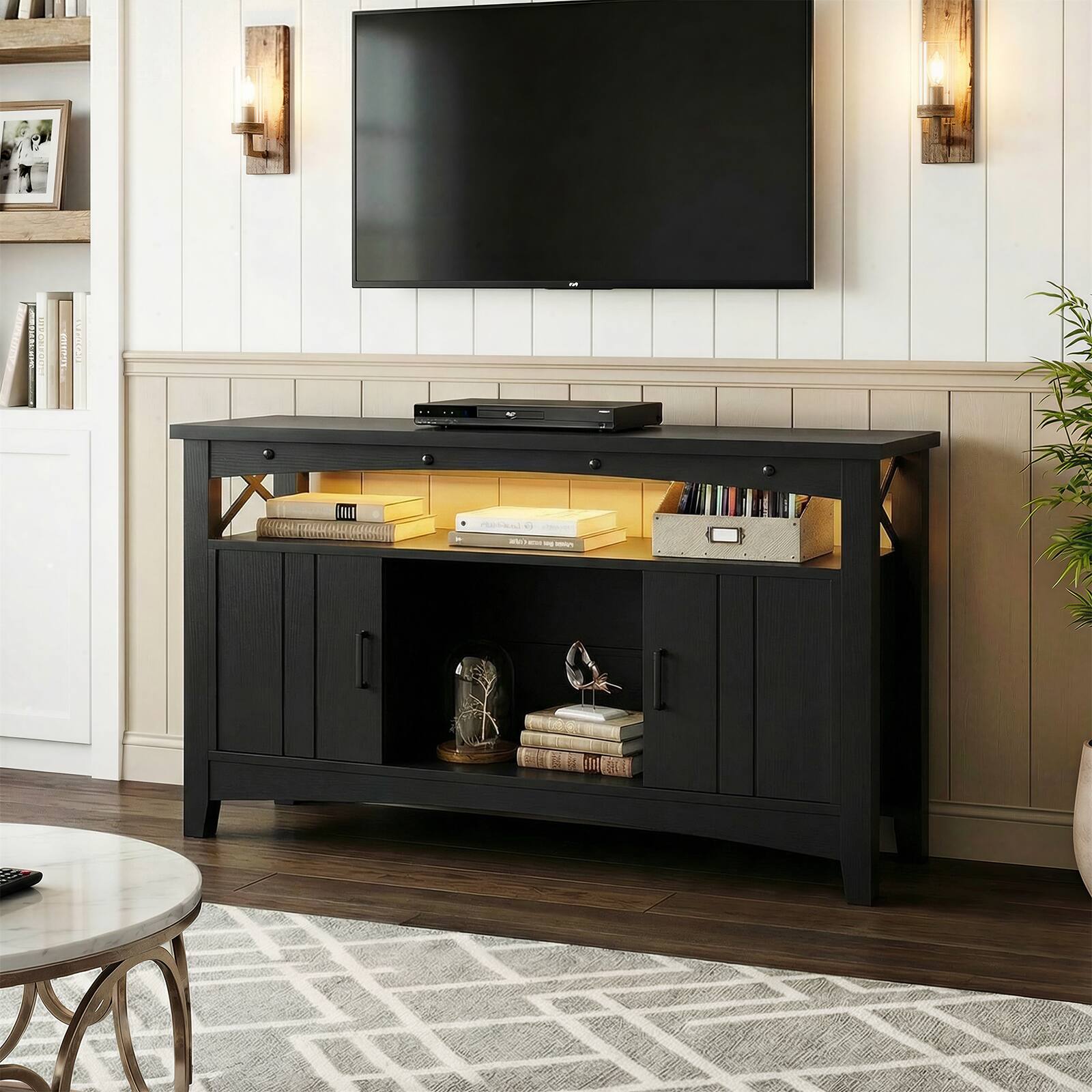 Alt View 3. Aheaplus - Farmhouse Coffee Bar Cabinet with Charging Station, LED Lights & Movable Wine Rack - Black.