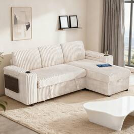 Vipbear - 85" Modular Sectional Sofa with Pull Out Bed,Corduroy Fabric 3 Seat Sectional Sleeper Sofa with Storage,for Living Room - Beige