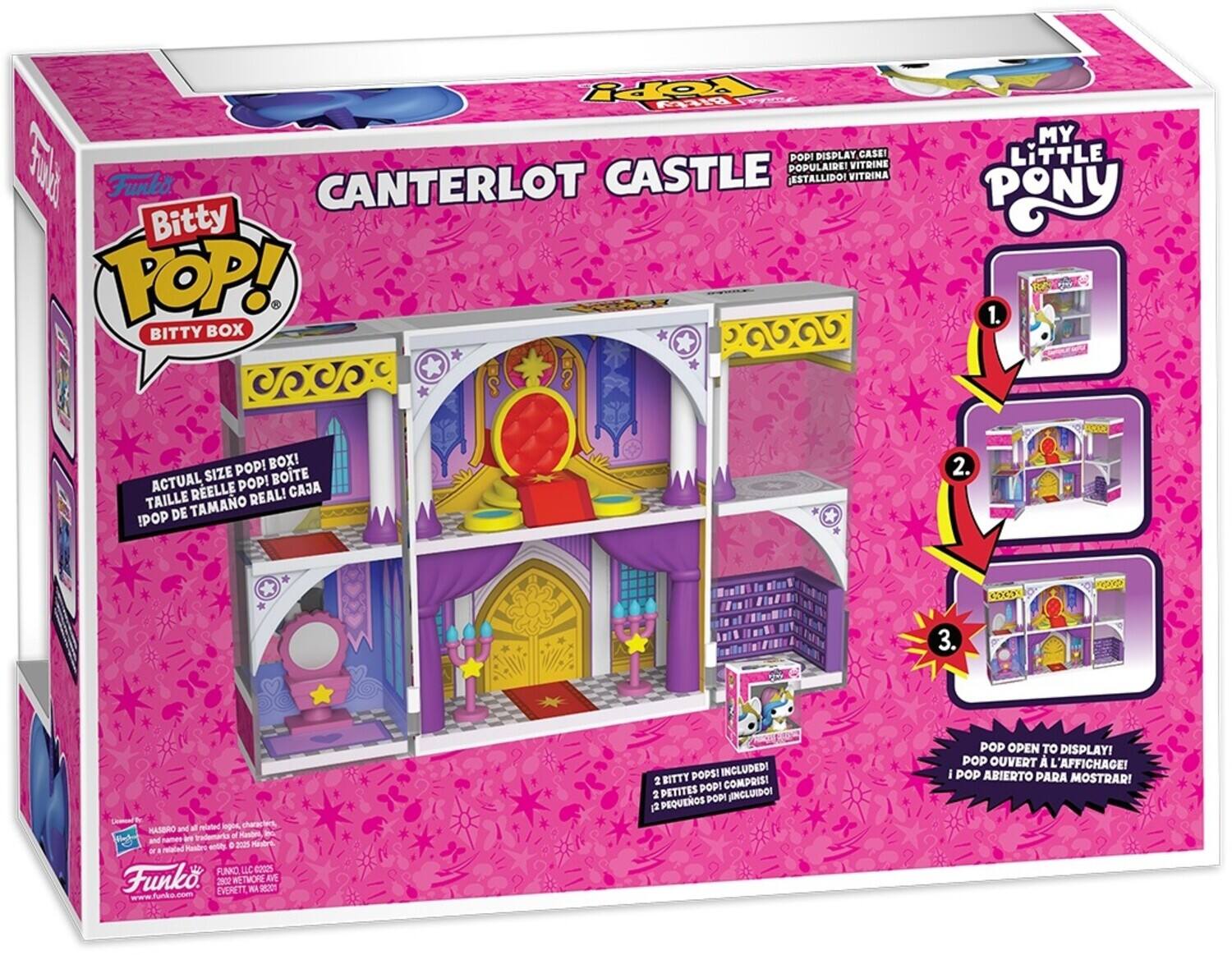 Sure, here is the corrected and grouped text from the image:

---

**Funko Bitty Pop!**

**BITTY BOX**

**CANTERLOT CASTLE**

**MY LITTLE PONY**

1. **ACTUAL SIZE POP! BOX!**  
   **TAILLE RÉELLE POP! CAJA!**  
   **TAMANO REAL! CAJA!**

2. **2 BITTY POP!S INCLUDED!**  
   **2 PETITES POP! COMPRIS!**  
   **2 PEQUEÑOS POP! INCLUIDOS!**

3. **POP! OPEN TO DISPLAY!**  
   **POP! OUVERT À L'AFFICHAGE!**  
   **I POP! ABIERTO PARA MOSTRAR!**

**POP! DISPLAY CASE!**  
**POP! CASSE!**  
**POP! VITRINE!**  
**POP! VITRINA!**

**POP! DE 2.**

**Funko**

**HASBRO and all related logos are trademarks of Hasbro. © 2025 Hasbro. All Rights Reserved.**  
**FUNKO, LLC. EVERETT, WA 98201