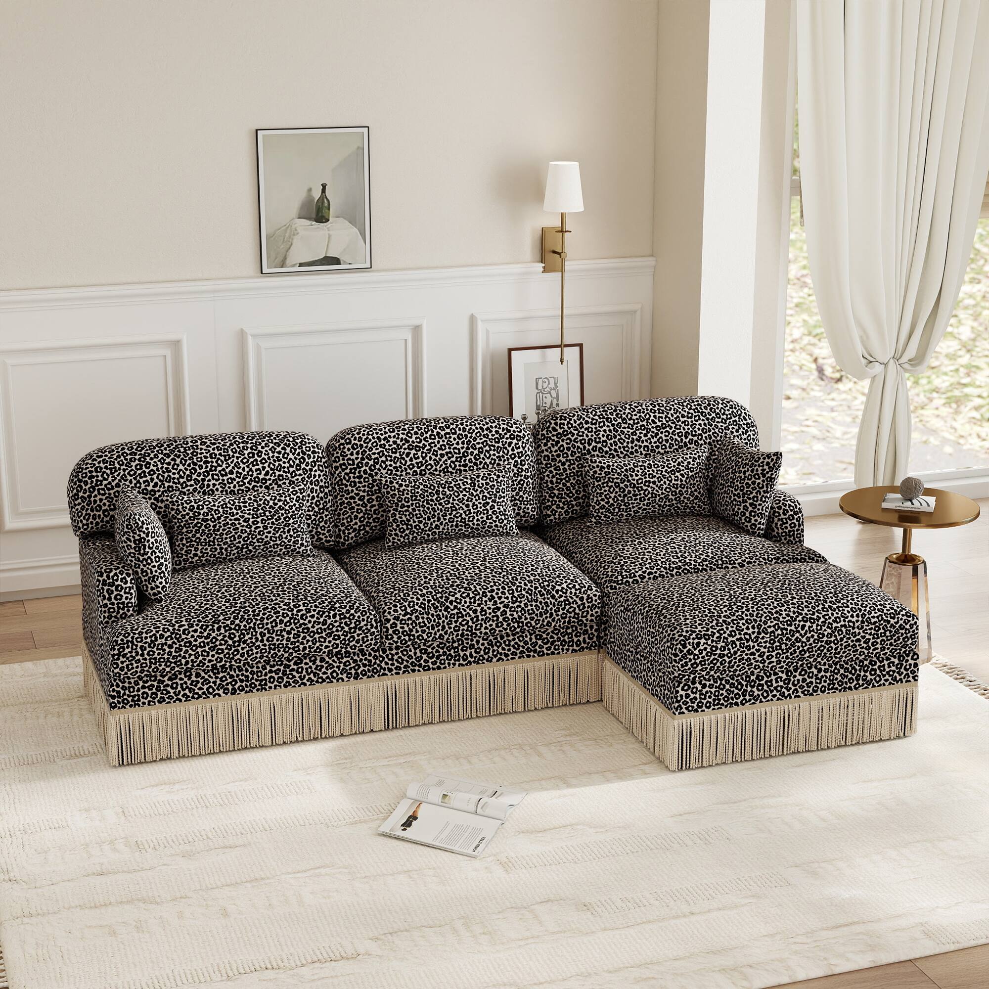 Angle. Anysun - Modern Fashion Style L-Shaped Chenille Leopard Print Sofa with Movable Ottoman & Tassel Edge, Easy Assembly, Deep Seat - khaki.