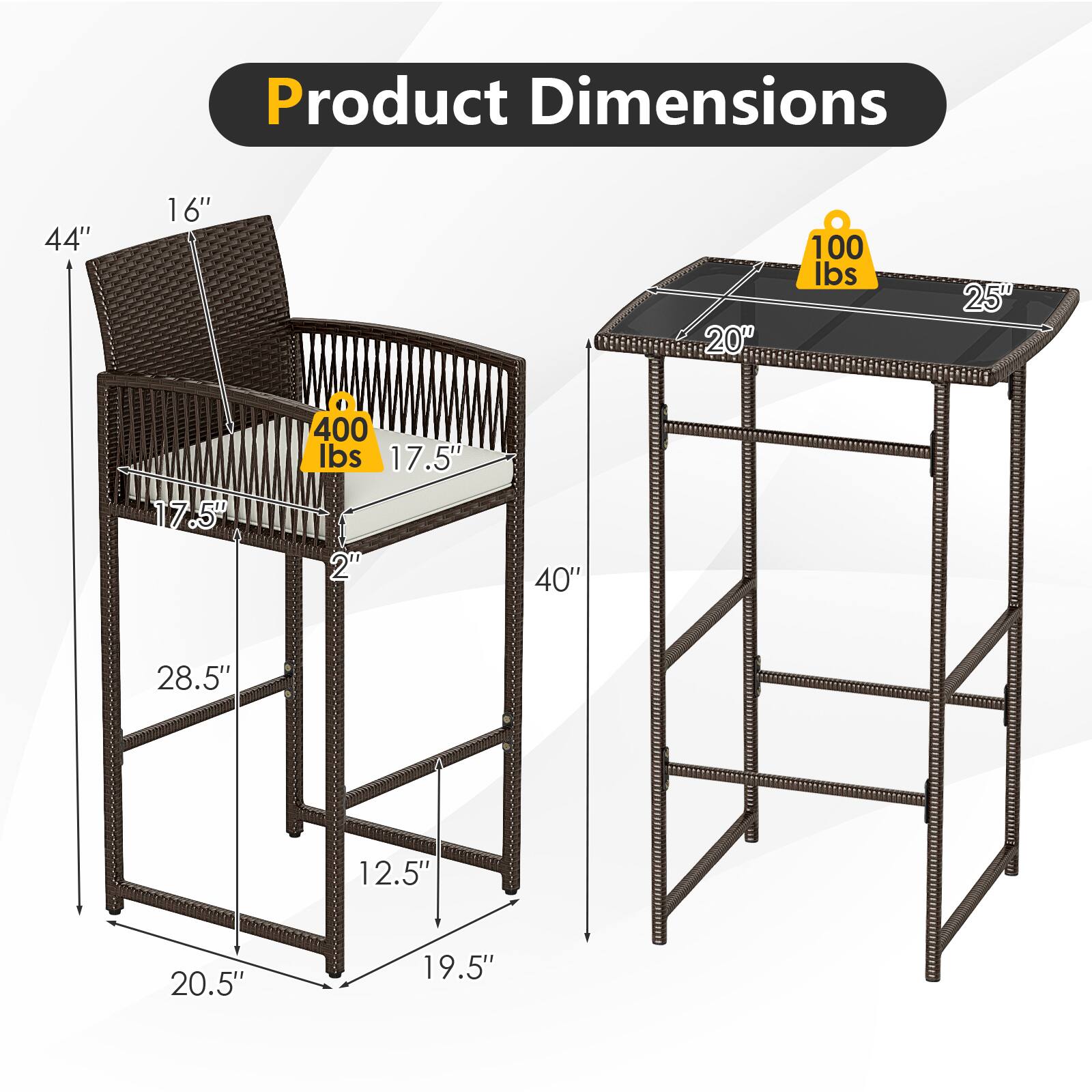 Product Dimensions

- Chair:
  - Height: 44"
  - Seat Height: 16"
  - Seat Depth: 17.5"
  - Back Height: 40"
  - Width: 20.5"
  - Depth: 19.5"
  - Armrest Height: 17.5"
  - Leg Width: 28.5"
  - Leg Depth: 12.5"
  - Weight Capacity: 400 lbs

- Table:
  - Height: 25"
  - Width: 20"
  - Depth: 40"
  - Weight Capacity: 100 lbs