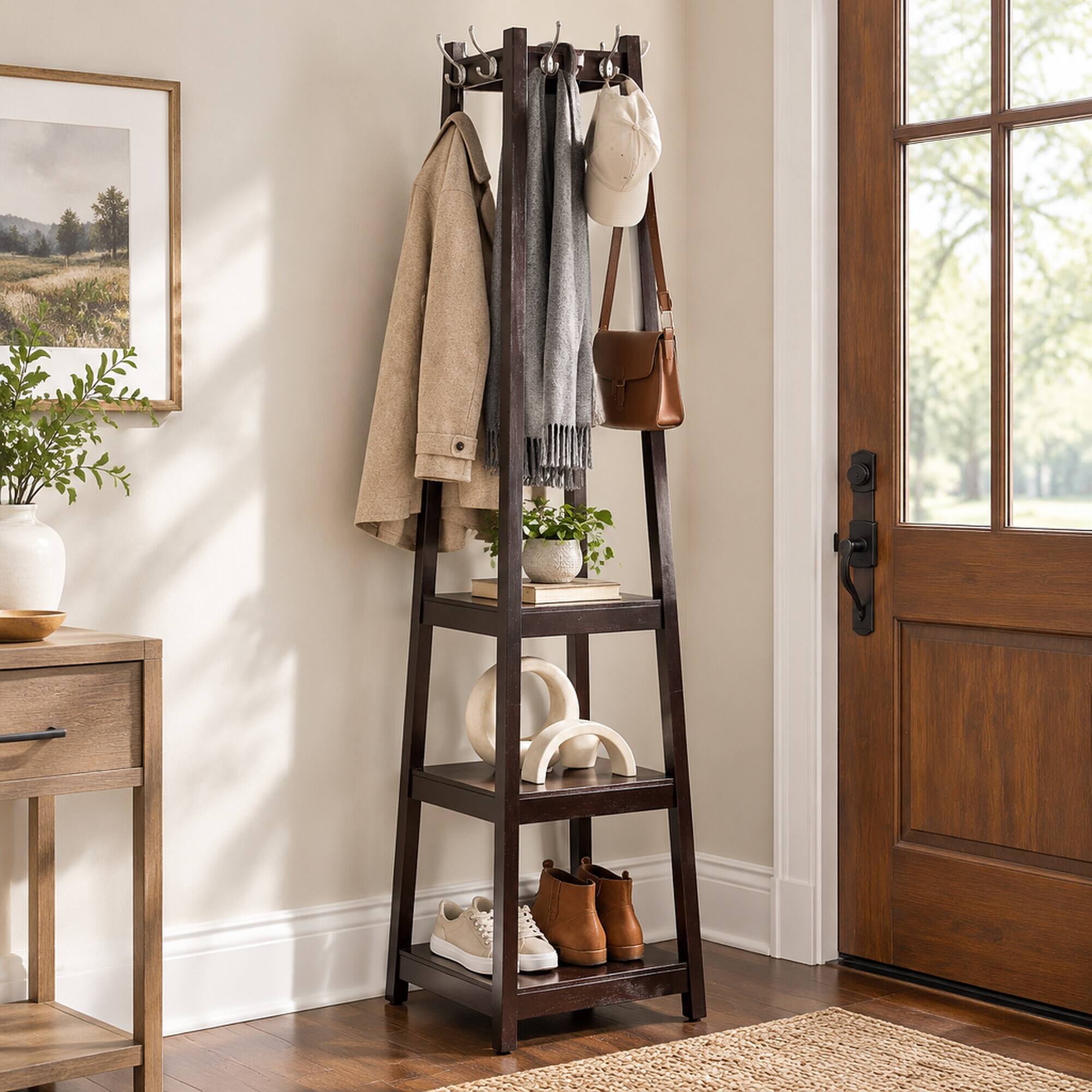 Back. RYHNUYNE - Vassen Coat Rack, 3-Tier Storage Shelves, Espresso Wood Finish, 17.5 x 17.5 x 72 in, Silver Hooks - Espresso.