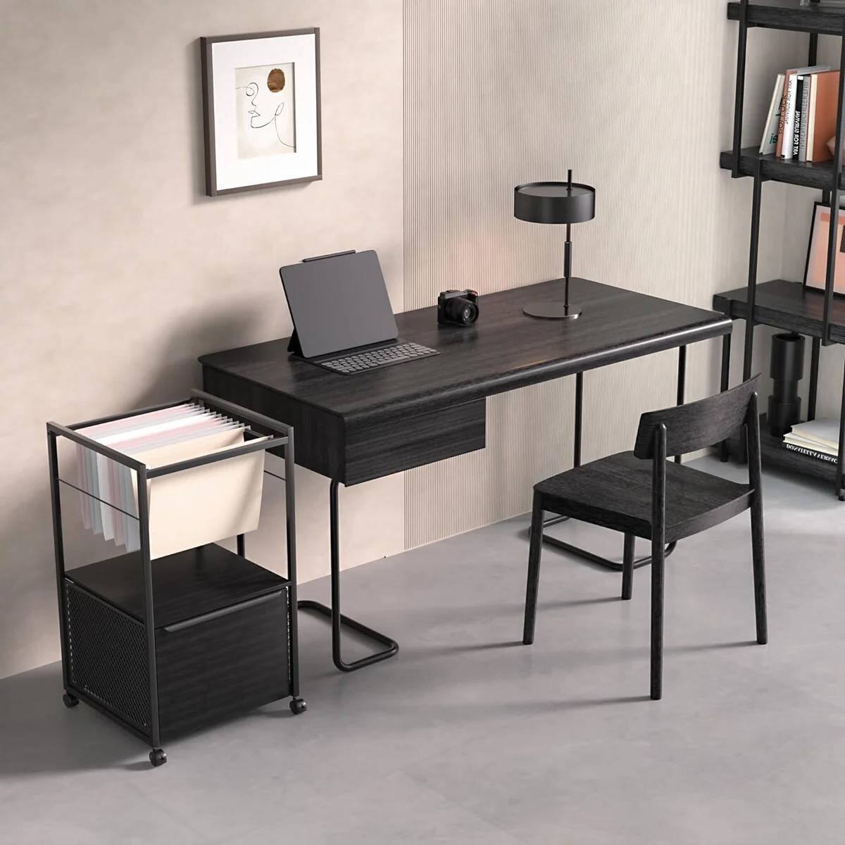 Angle. SlickBlue - Rolling File Cabinet with Metal Frame, Wood Panels, and Open File Bar - Black.