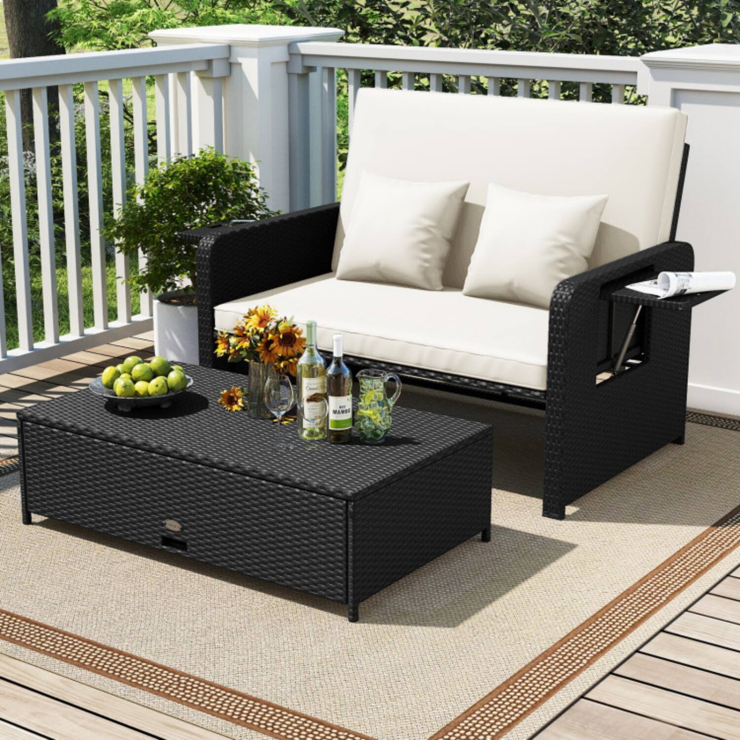 Mondawe - Freestanding PE Wicker Outdoor Daybed with 4-Level Backrest and Storage Ottoman 2-Piece - Black+White
