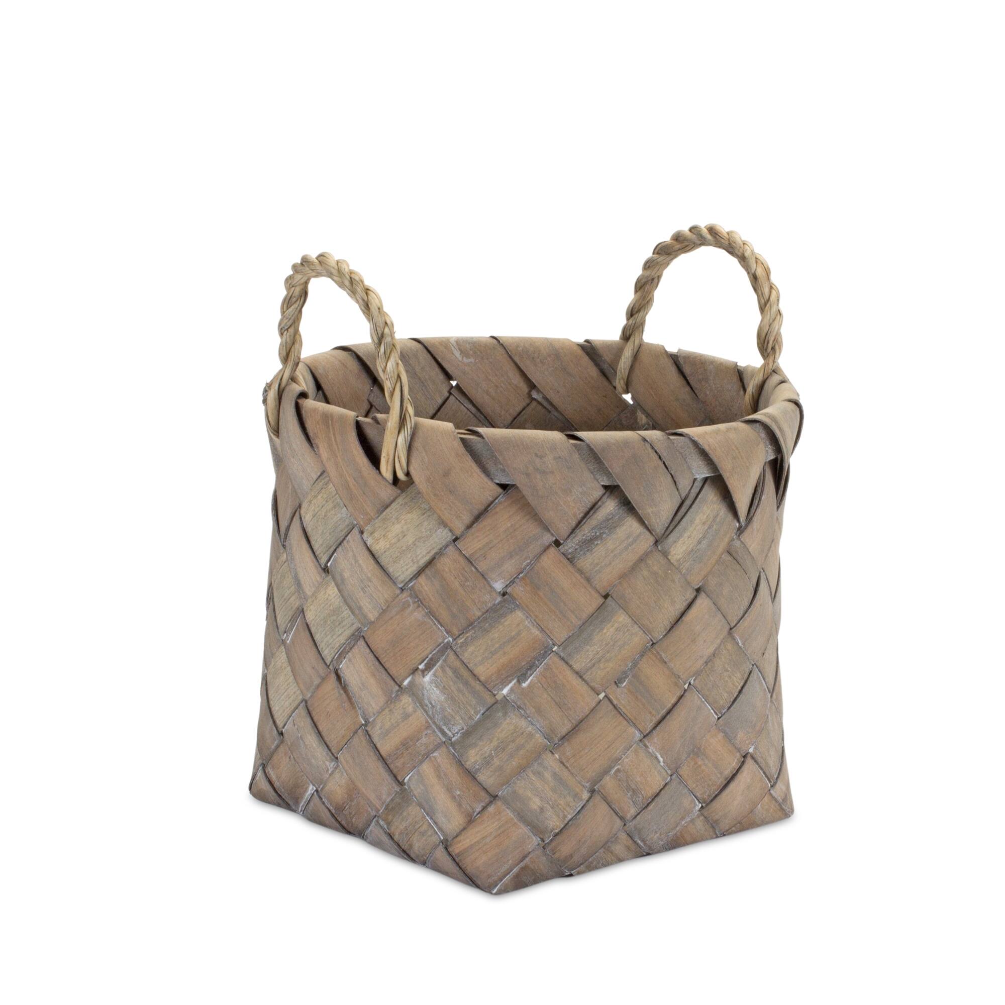 Back. BreeBe - Natural Woven Wicker Basket with Handles (Set of 3) - Brown, Tan.