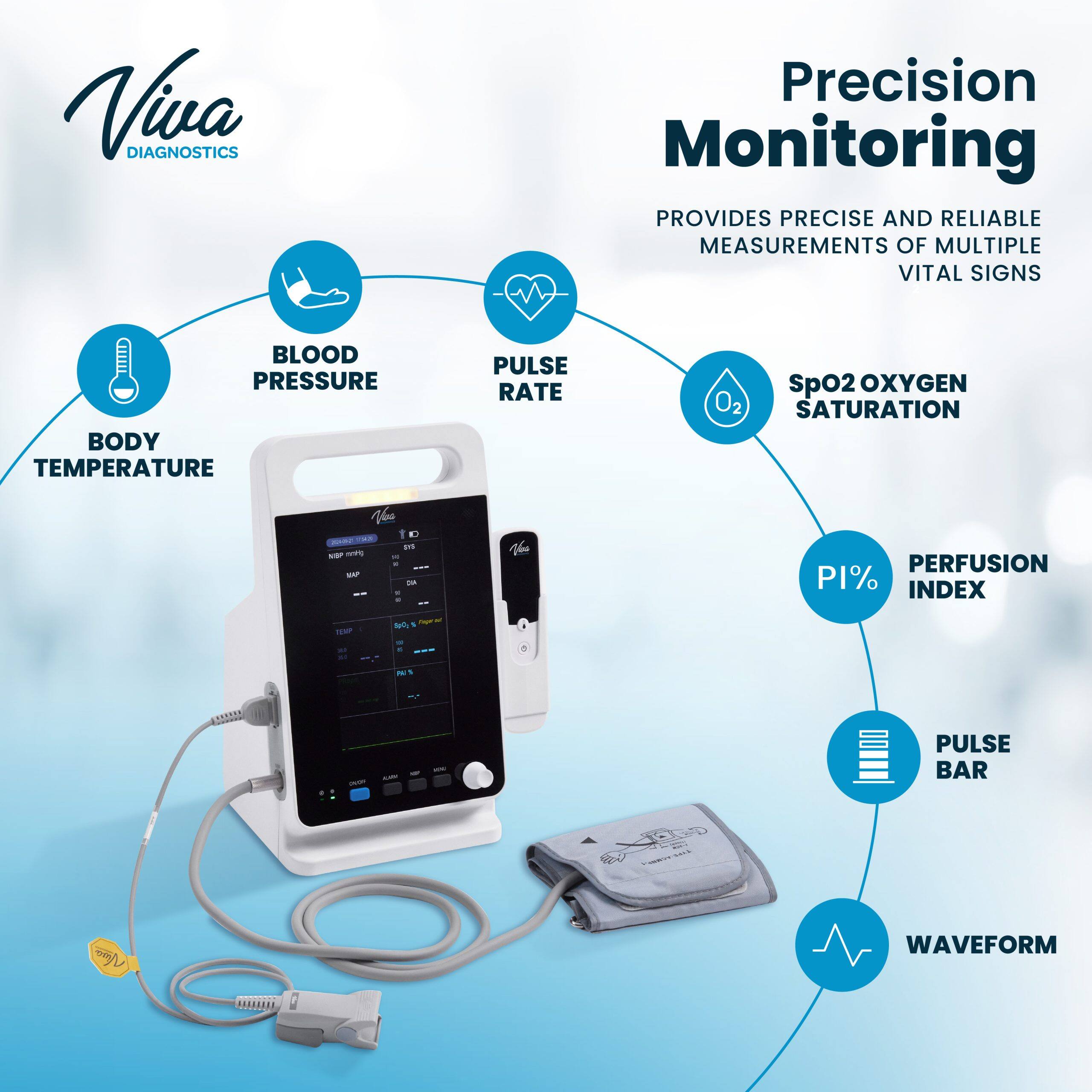 Viva DIAGNOSTICS Precision Monitoring PROVIDES PRECISE AND RELIABLE MEASUREMENTS OF MULTIPLE VITAL SIGNS

BLOOD PRESSURE
BODY TEMPERATURE
PULSE RATE
SpO2 OXYGEN SATURATION
PERFUSION PI% INDEX
PULSE BAR
WAVEFORM