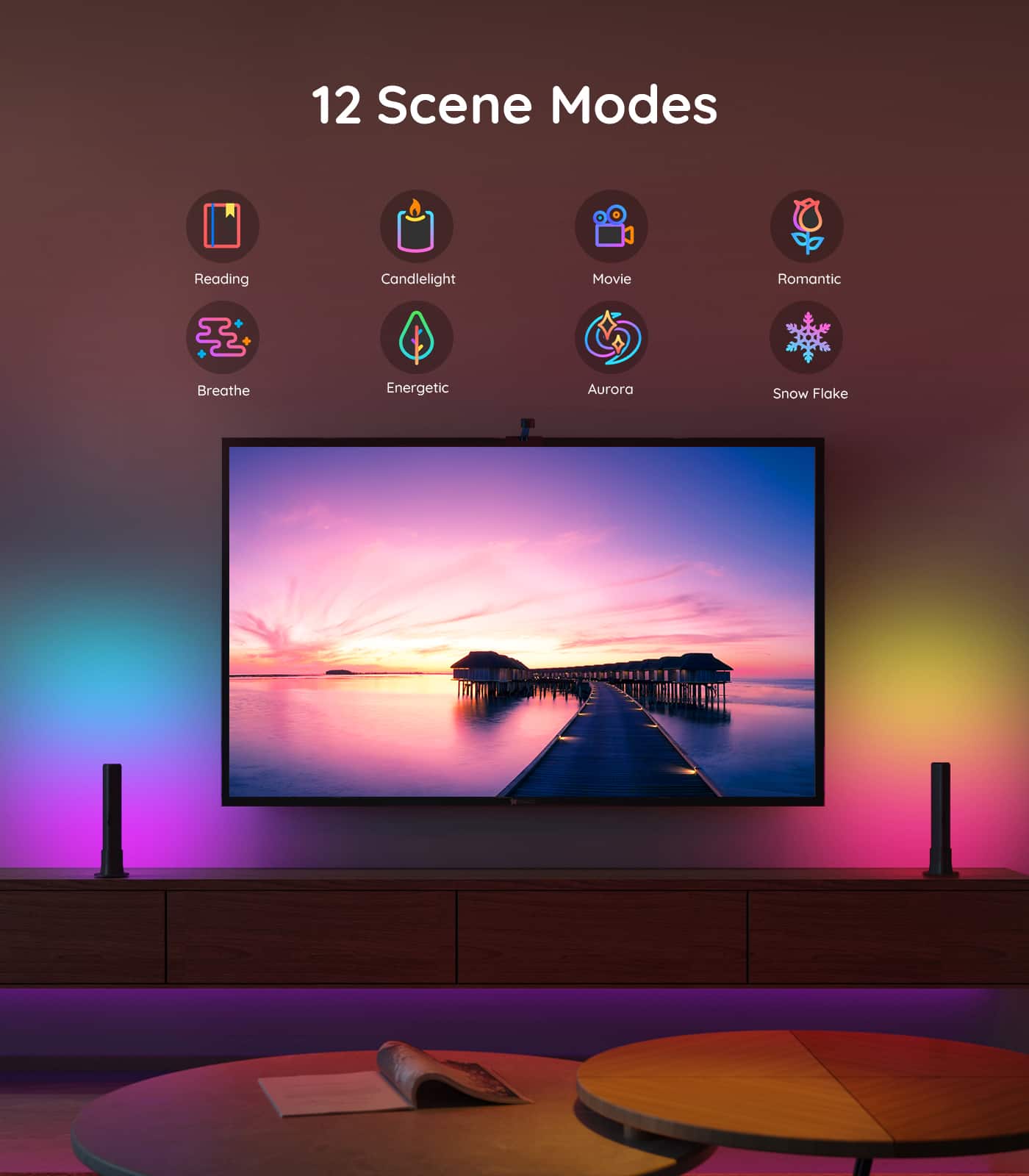 12 Scene Modes
Reading
Candlelight
Movie
Romantic
Breathe
Energetic
Aurora
Snow Flake