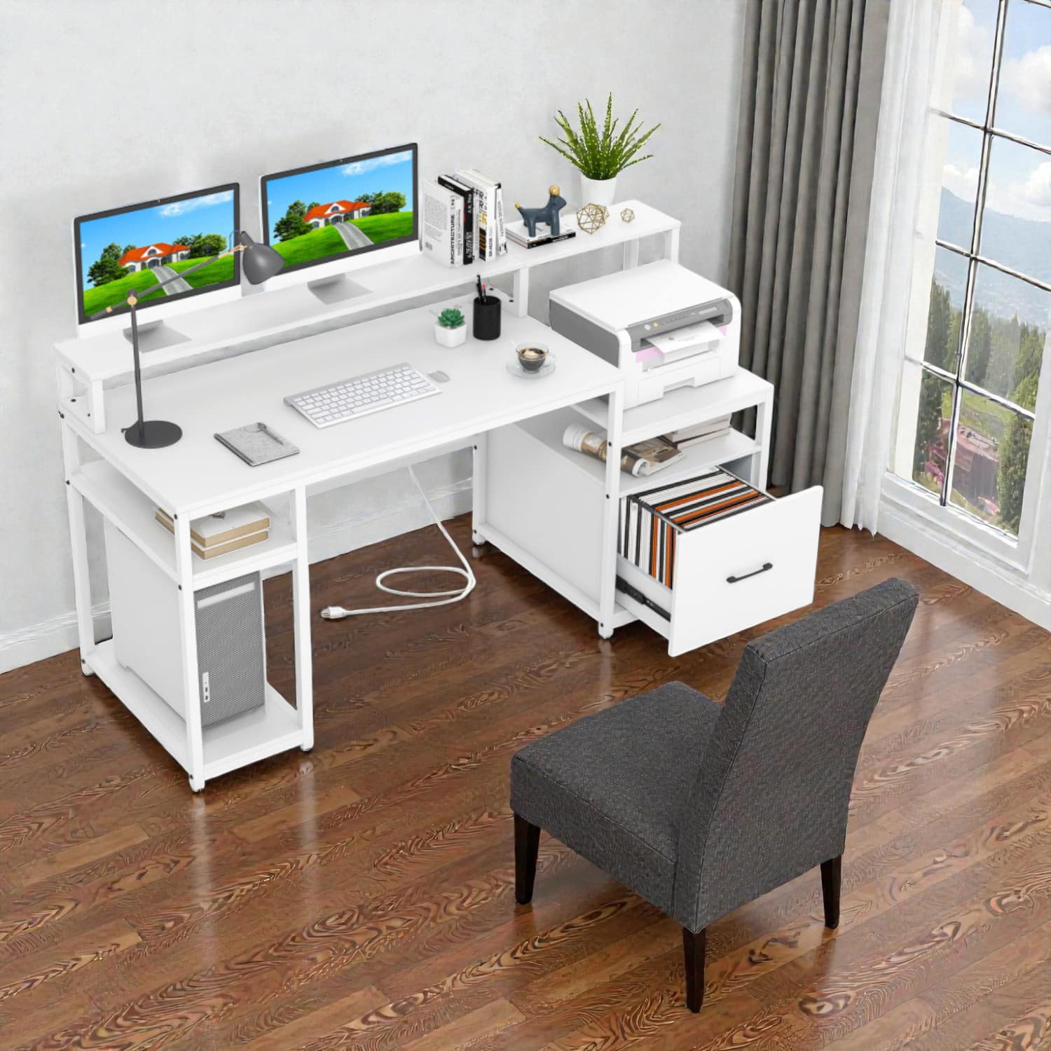 Hivvago - Multi-Functional 67-Inch Desk with Monitor Riser and Organized Storage Drawer - White