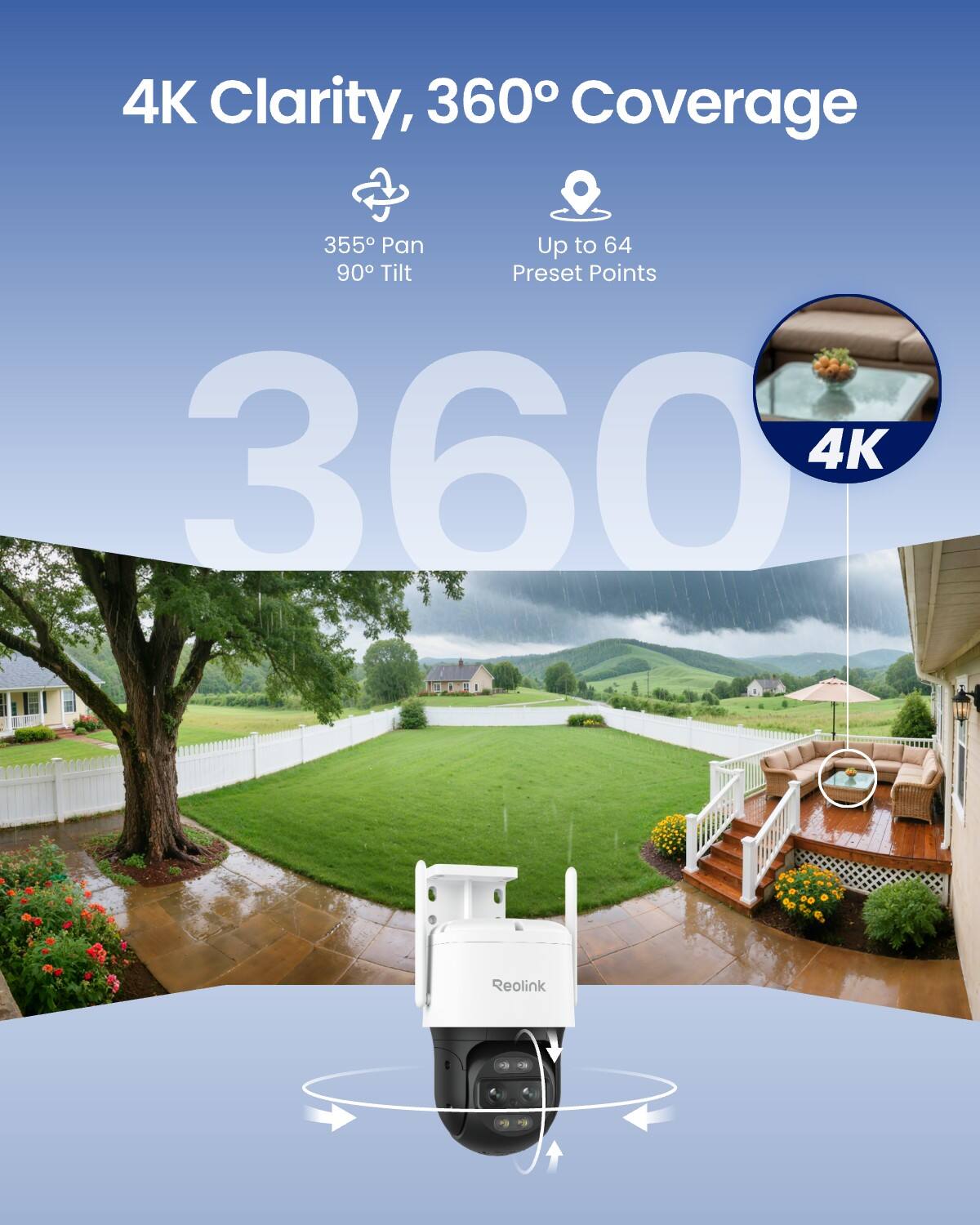 4K Clarity, 360° Coverage

355° Pan
90° Tilt

Up to 64 Preset Points

360

4K

Reolink