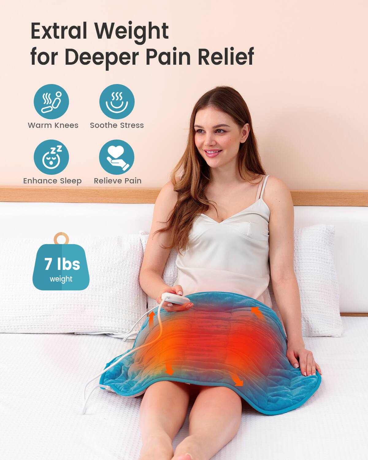 Extra Weight for Deeper Pain Relief  
Warm Knees  
Soothe Stress  
Enhance Sleep  
Relieve Pain  
7 lbs weight
