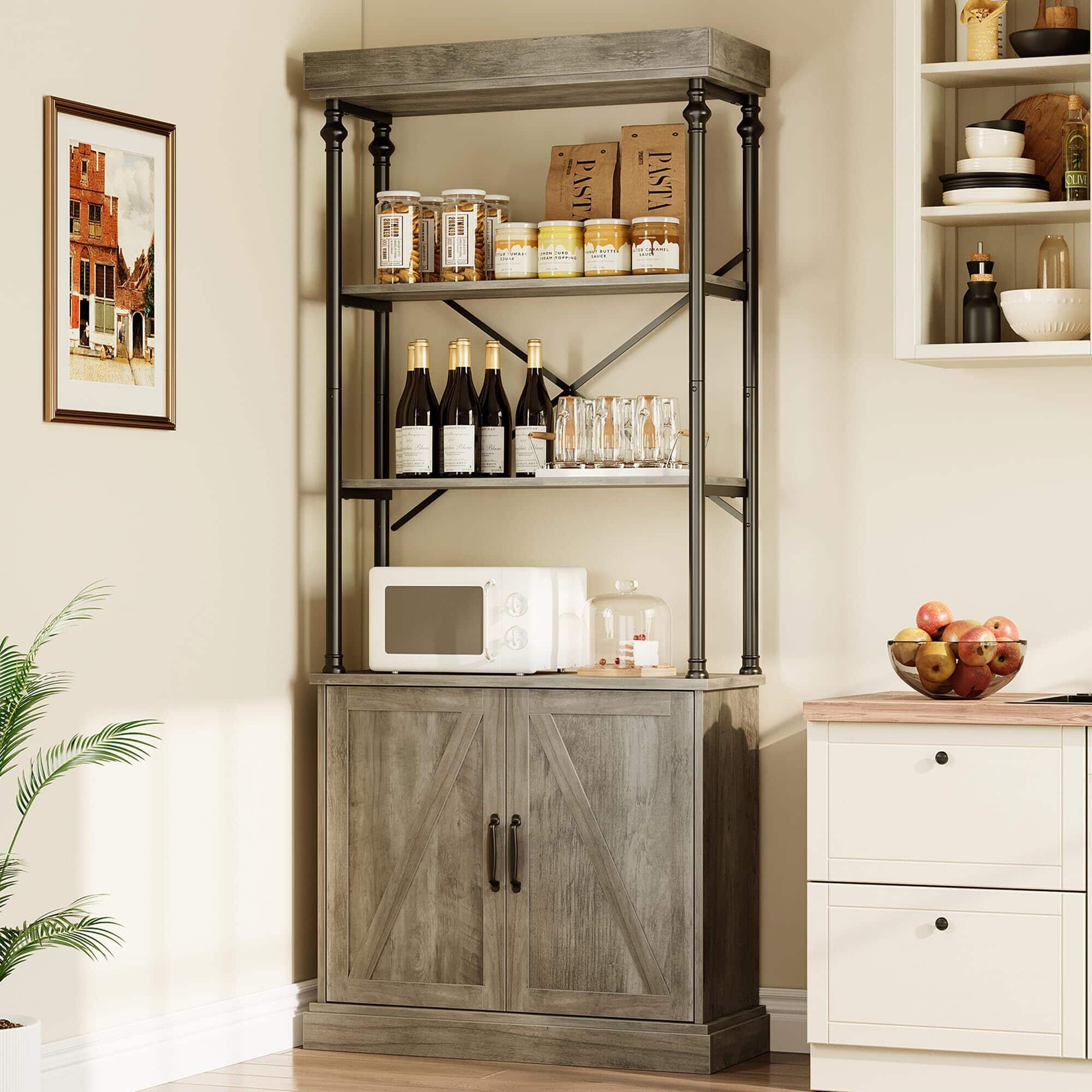 Acekool - Tall Bookshelf with Doors 73.62in Industrial Storage Open Rack Shelf with Cabinet Wood - Gray