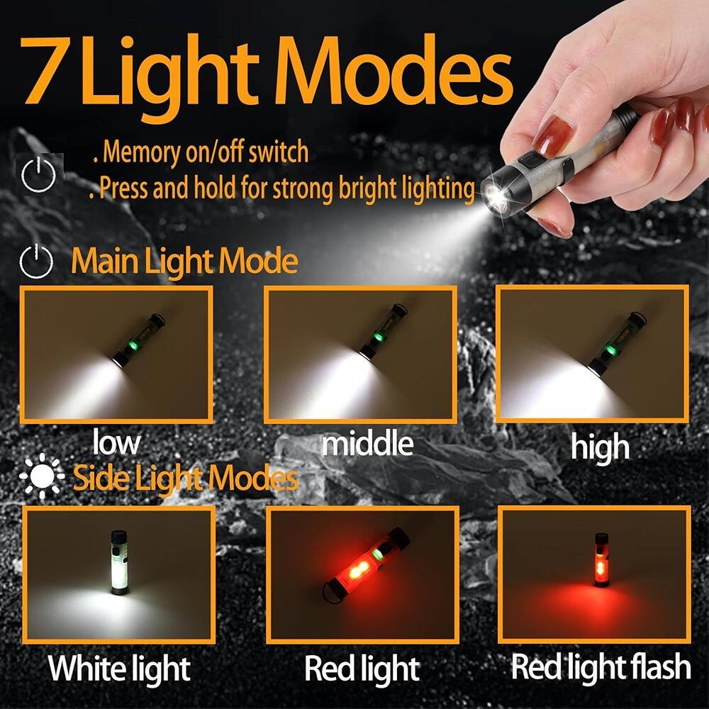 7 Light Modes

- Memory on/off switch
- Press and hold for strong bright lighting

Main Light Mode
- low
- middle
- high

Side Light Modes
- White light
- Red light
- Red light flash