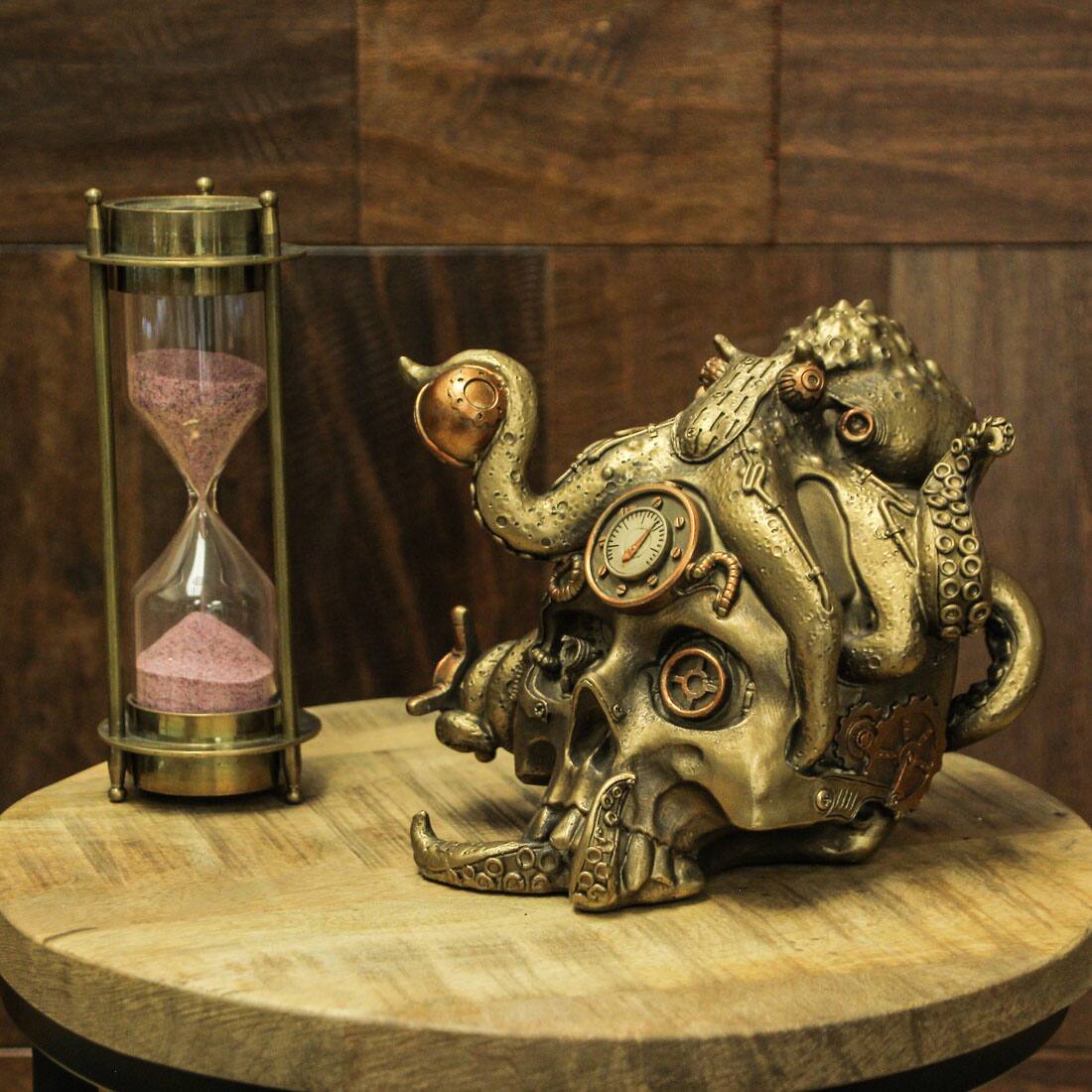 Alt View 4. Zeckos - Abyssal Bones Steampunk Mechanical Octopus On Skull Tabletop Statue - Bronze.