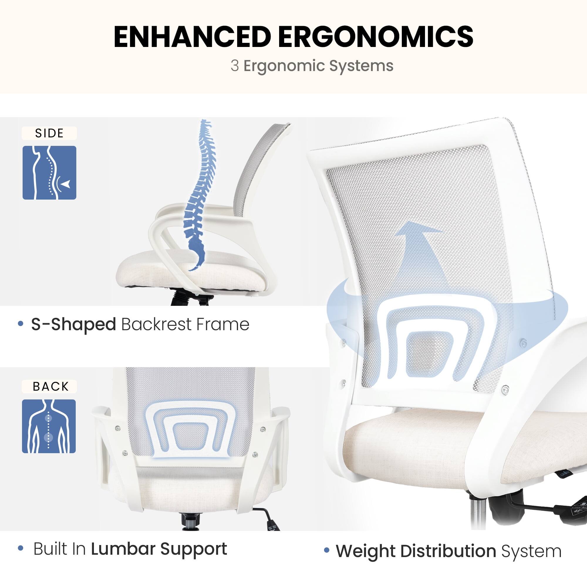 ENHANCED ERGONOMICS  
3 Ergonomic Systems

- S-Shaped Backrest Frame
- Built In Lumbar Support
- Weight Distribution System