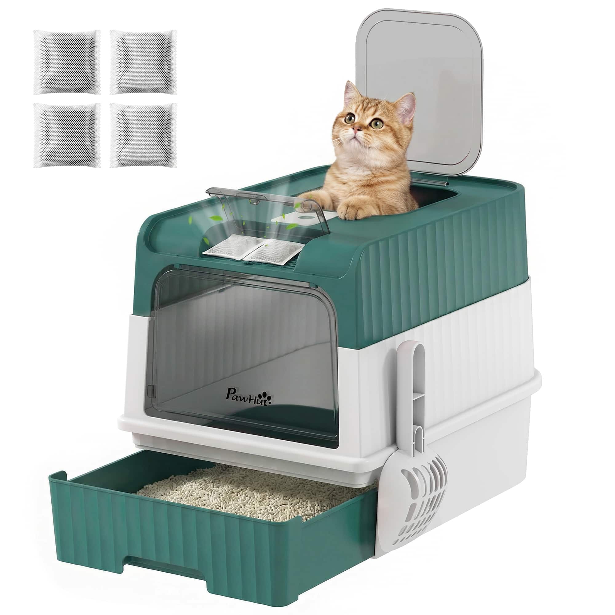 Pawhut - Litter Box Hooded Cat Litter Tray with Drawer Pan Front Entry & Top Exit Easy Cleaning - Teal