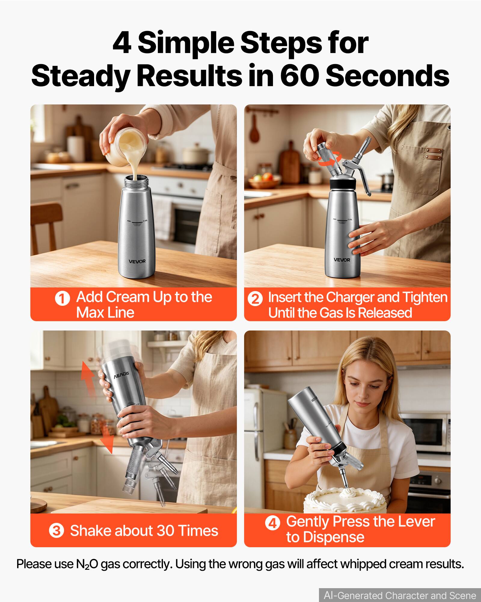 4 Simple Steps for Steady Results in 60 Seconds

1. Add Cream Up to the Max Line
2. Insert the Charger and Tighten Until the Gas Is Released
3. Shake about 30 Times
4. Gently Press the Lever to Dispense

Please use N2O gas correctly. Using the wrong gas will affect whipped cream results.

AI-Generated Character and Scene