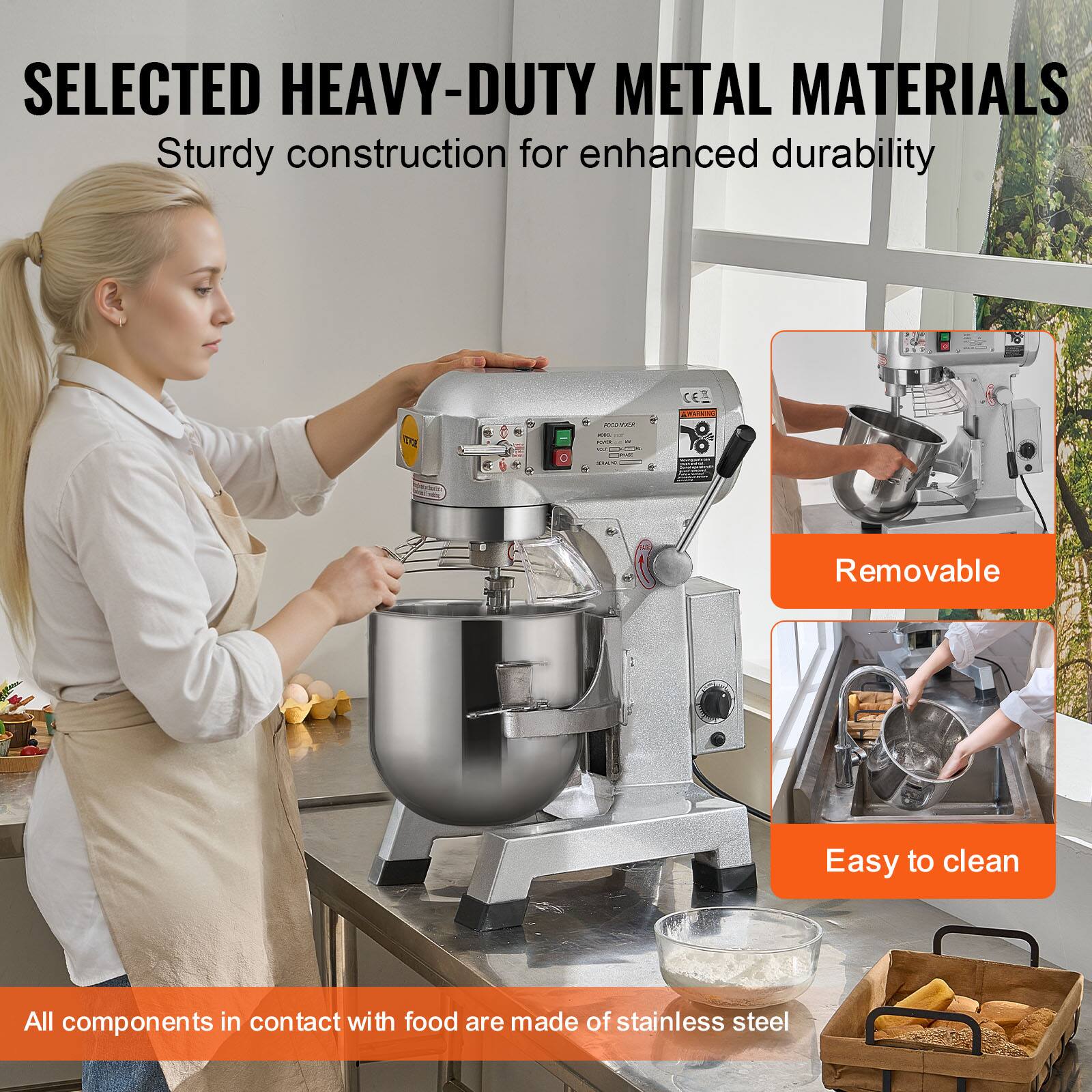 SELECTED HEAVY-DUTY METAL MATERIALS  
Sturdy construction for enhanced durability  

TEL  
CE KARING  

Removable  
Easy to clean  

All components in contact with food are made of stainless steel