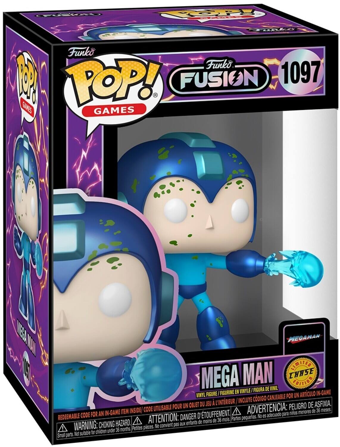 Funko POP! Games  
Funko Fusion 1097  
Mega Man  
Limited Chase Edition  

Vinyl Figure / Figurine en Vinyle / Figura de Vinil  
In-Game Item Inside / Objet du Jeu à l'Intérieur / Articulo In-Game  
Redeemable Code for an In-Game Item Inside / Code Utilisable pour un Objet du Jeu à l'Intérieur / Código Canjeable por un Articulo In-Game  

Warning: Choking Hazard. Small parts. Not suitable for children under 36 months.  
Attention: Danger d'étouffement. Ne convient pas aux enfants de moins de 36 mois.  
Advertencia: Peligro de asfixia. No es adecuado para niños menores de 36 meses.