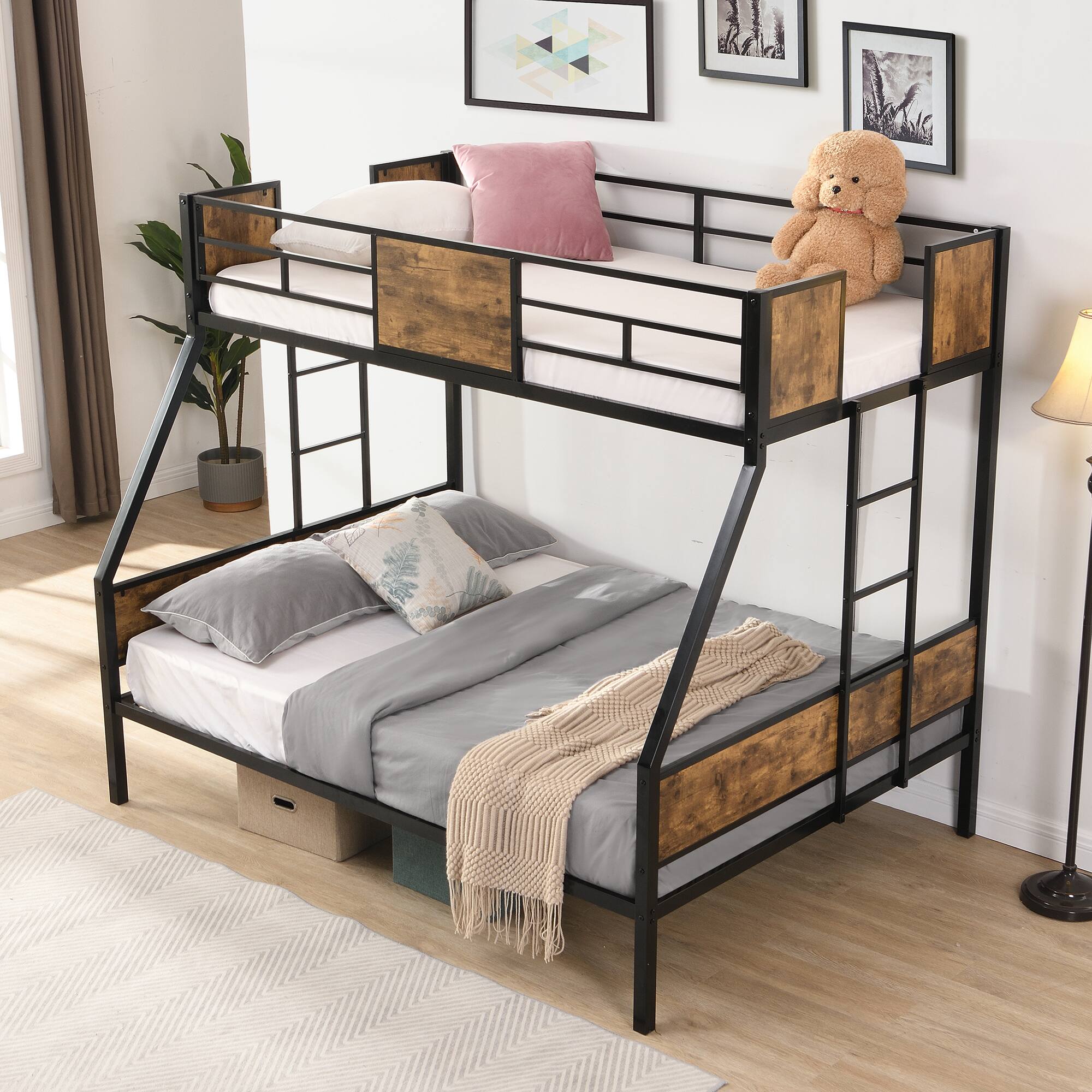 Angle. Trinkets Crazed - Twin Over Full Metal Bunk Bed, Metal Bed with 2 Ladders and Full-Length Guardrail, No Box Spring Needed - Black.