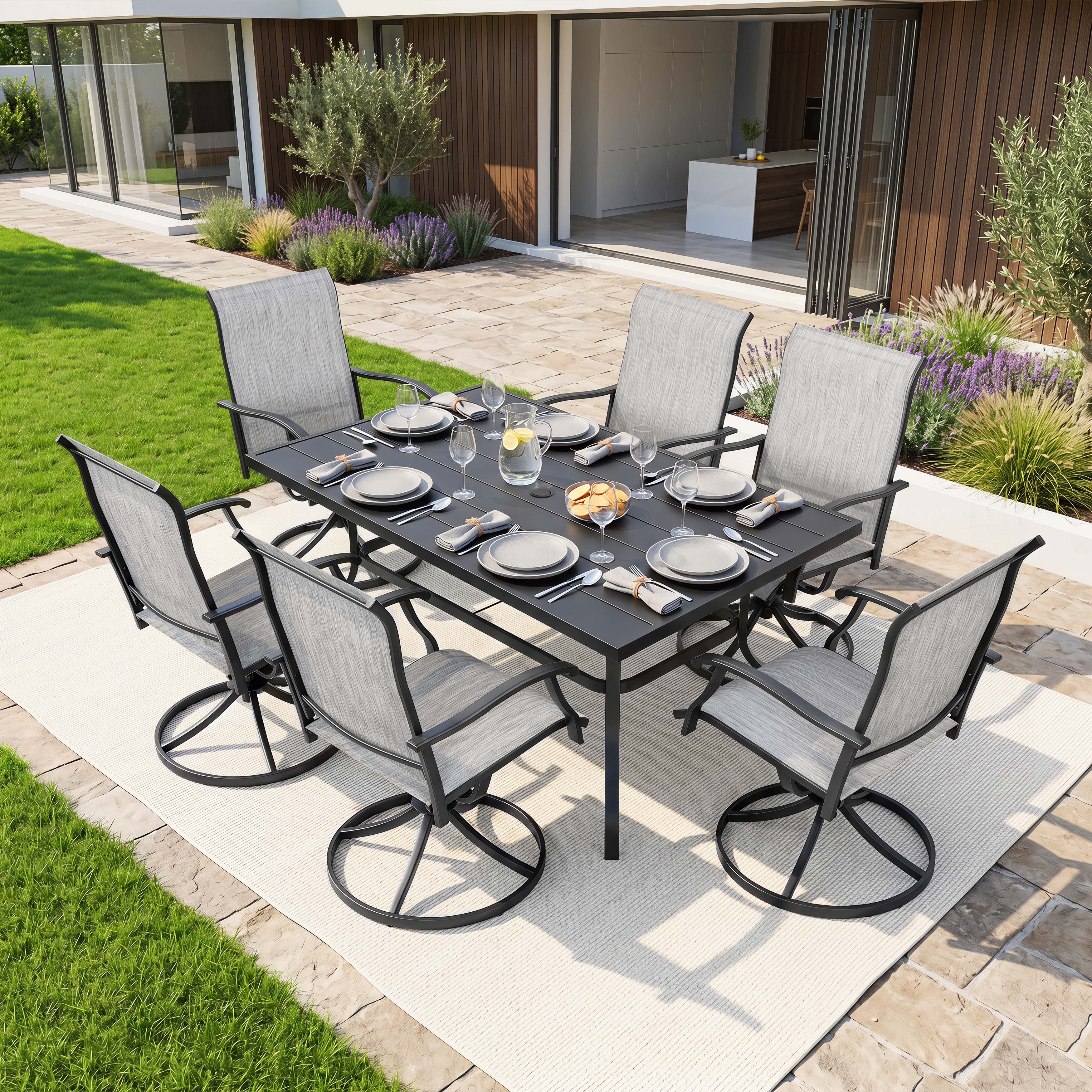 Angle. Nuu Garden - Patio 7-Piece Textilene Dining Set with Umbrella Hole, Swivel Design - Black and Gray.