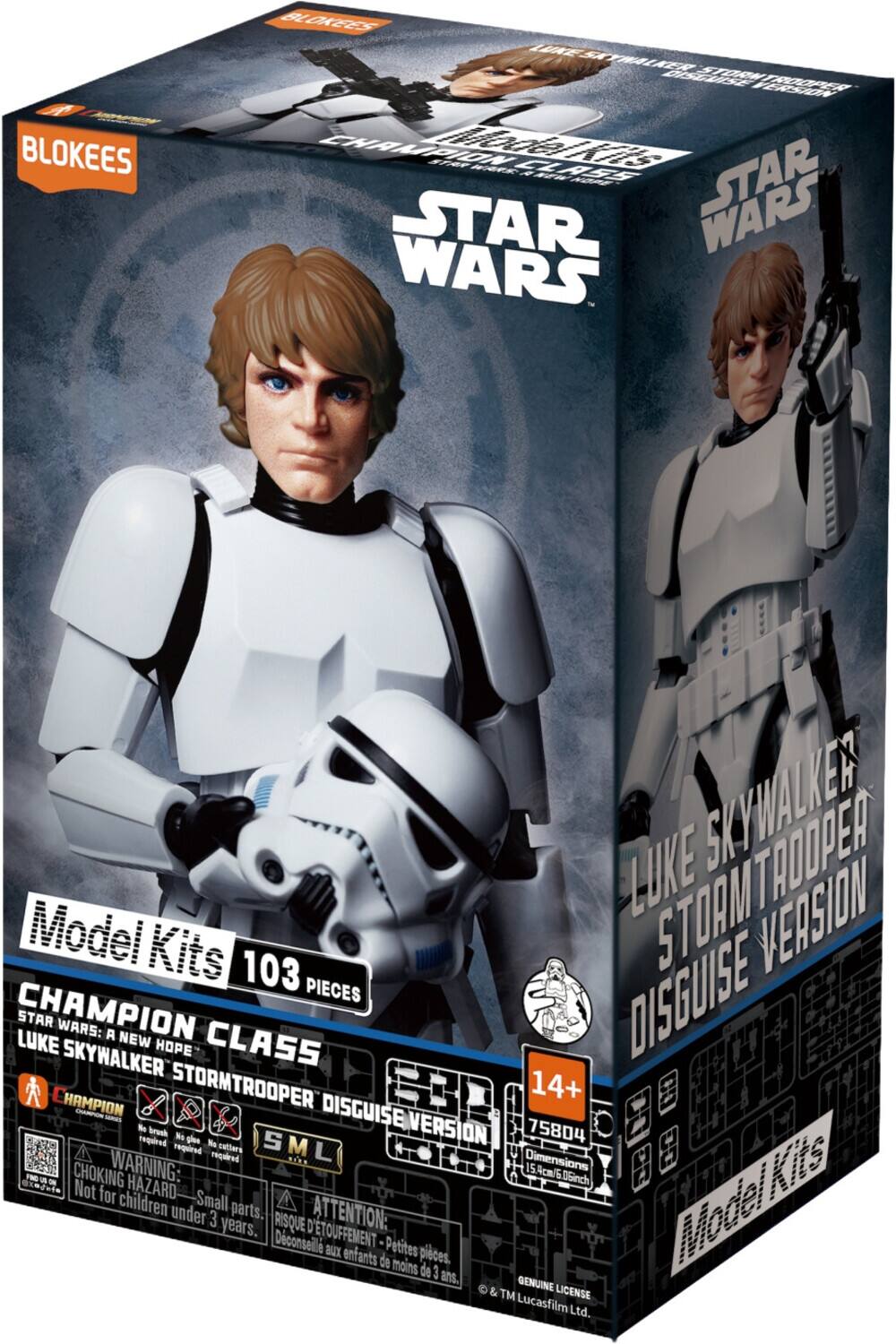 BLOKEES  
STAR WARS  
Model Kits  
103 PIECES  
CHAMPION CLASS  
LUKE SKYWALKER STORMTROOPER DISGUISE VERSION  
STAR WARS: A NEW HOPE  
14+  
75804  
Dimensions: 15.4cm / 6.05inch  
WARNING: CHOKING HAZARD - Small parts. Not for children under 3 years.  
ATTENTION: RISQUE D'ÉTOUFFEMENT - Petites pièces. Déconseillé aux enfants de moins de 3 ans.  
GENUINE LICENSE & TM Lucasfilm Ltd.  

BLOKEES  
STAR WARS  
Model Kits  
103 PIECES  
CHAMPION CLASS  
LUKE SKYWALKER STORMTROOPER DISGUISE VERSION  
STAR WARS: A NEW HOPE  
14+  
75804  
Dimensions: 15.4cm / 6.05inch  
WARNING: CHOKING HAZARD - Small parts. Not for children under 3 years.  
ATTENTION: RISQUE D'ÉTOUFFEMENT - Petites pièces. Déconseillé aux