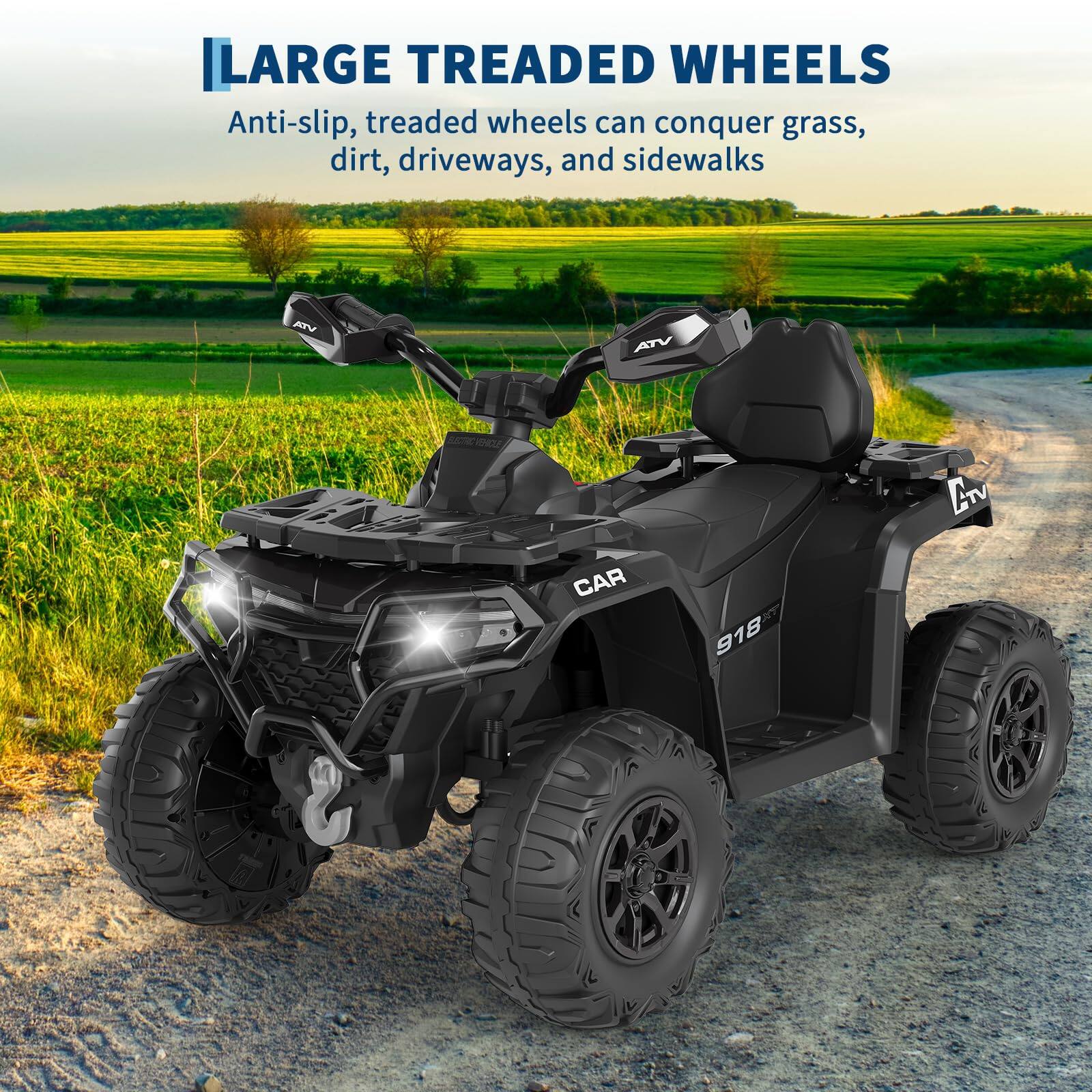 LARGE TREADED WHEELS  
Anti-slip, treaded wheels can conquer grass, dirt, driveways, and sidewalks  

VTA ANV 10 - VHCZ ATV CAR 918