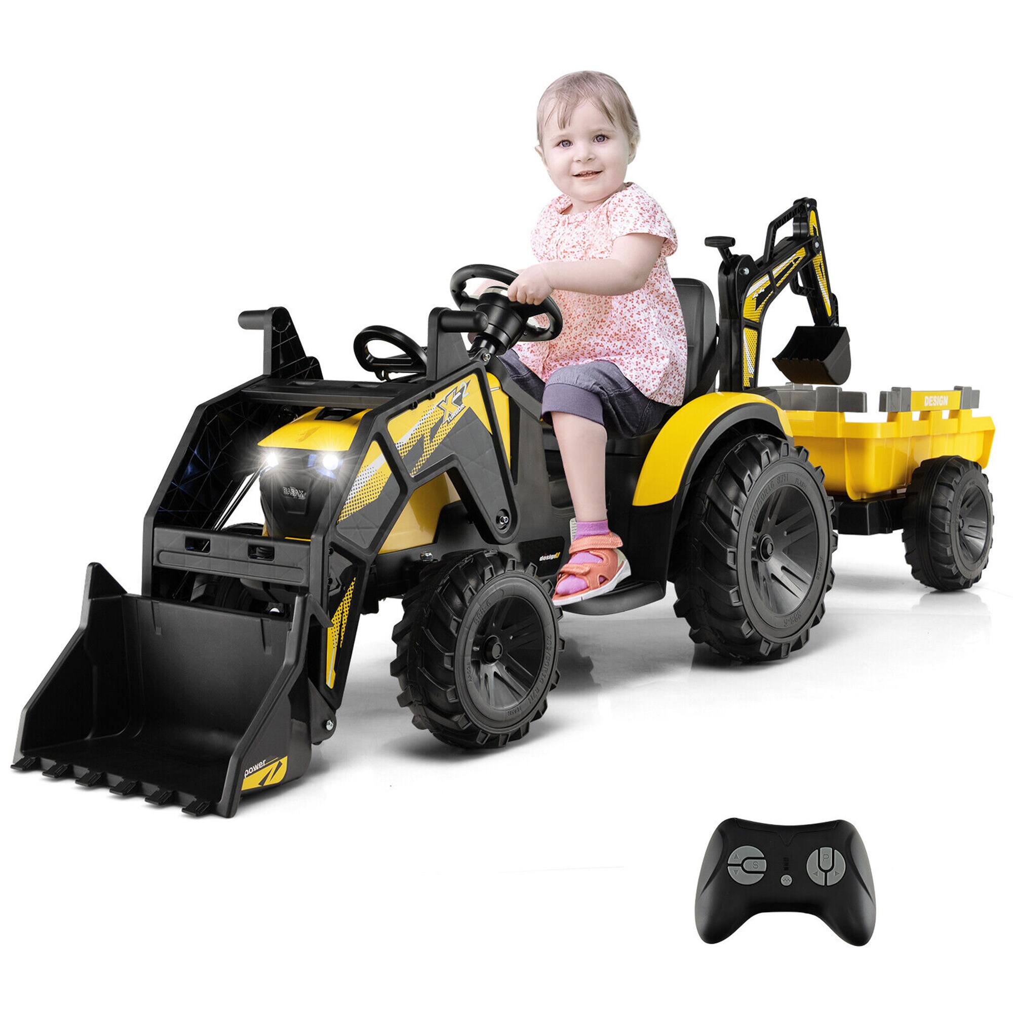 Costway - 3-in-1 Kids Ride On Excavator Bulldozer 12V Electric Tractor Remote w/ Trailer - Yellow