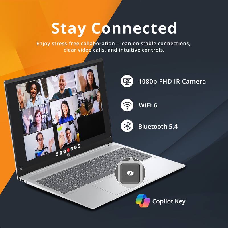 Stay Connected  
Enjoy stress-free collaboration—lean on stable connections, clear video calls, and intuitive controls.  
1080p FHD IR Camera  
WiFi 6  
Bluetooth 5.4  
Copilot Key