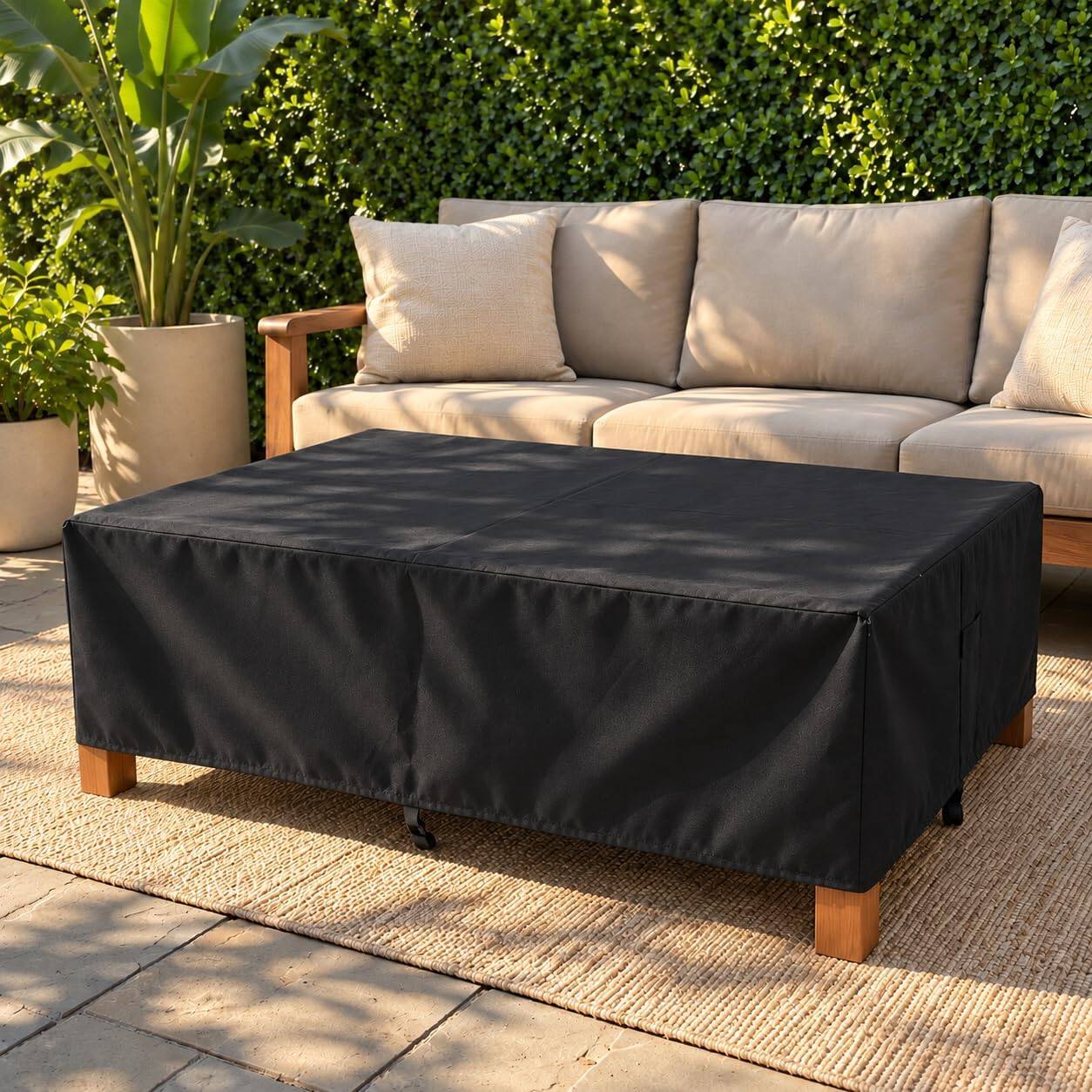 Alt View 4. KHOMO GEAR - Outdoor Coffee Table Cover - Heavy Duty, Water Resistant Rectangular Patio Coffee Table Cover - 48"L x 28"W x 13"H - Black.