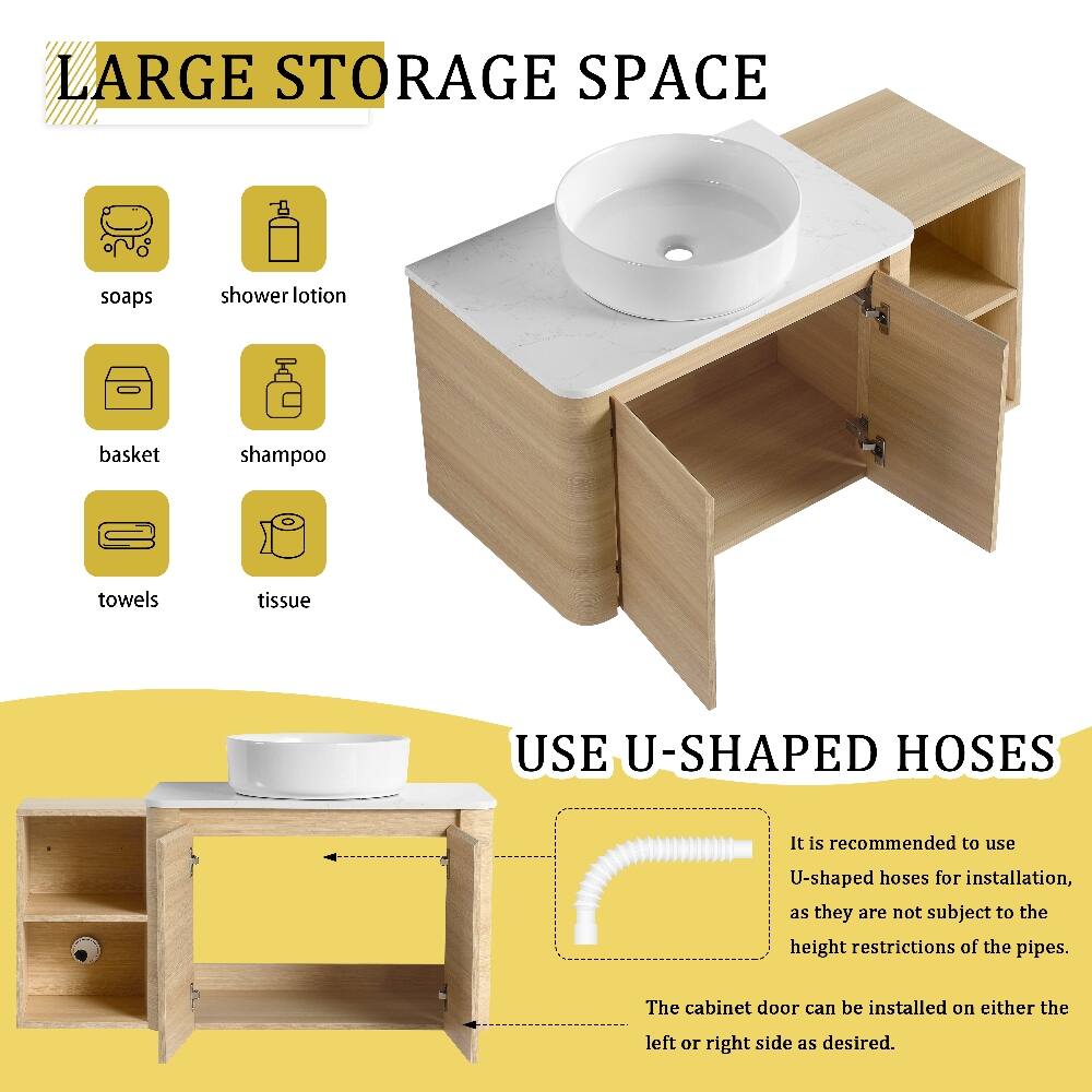LARGE STORAGE SPACE

- soaps
- shower lotion
- basket
- shampoo
- towels
- tissue

USE U-SHAPED HOSES

It is recommended to use U-shaped hoses for installation, as they are not subject to the height restrictions of the pipes.

The cabinet door can be installed on either the left or right side as desired.