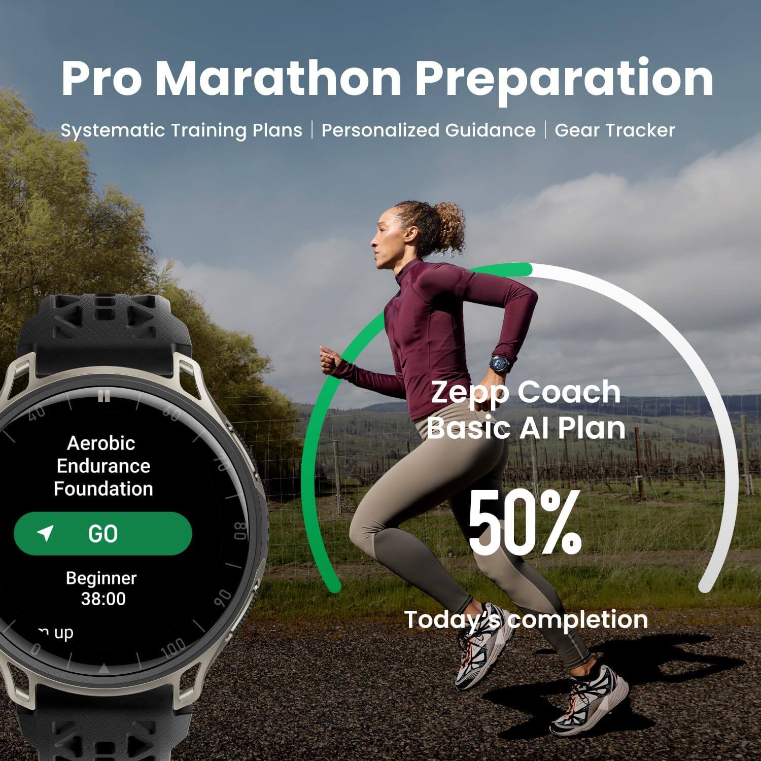 Pro Marathon Preparation  
Systematic Training Plans | Personalized Guidance | Gear Tracker  

Aerobic Endurance Foundation  
GO  
Beginner 38:00  

Zepp Coach Basic AI Plan  
50%  
Today's completion