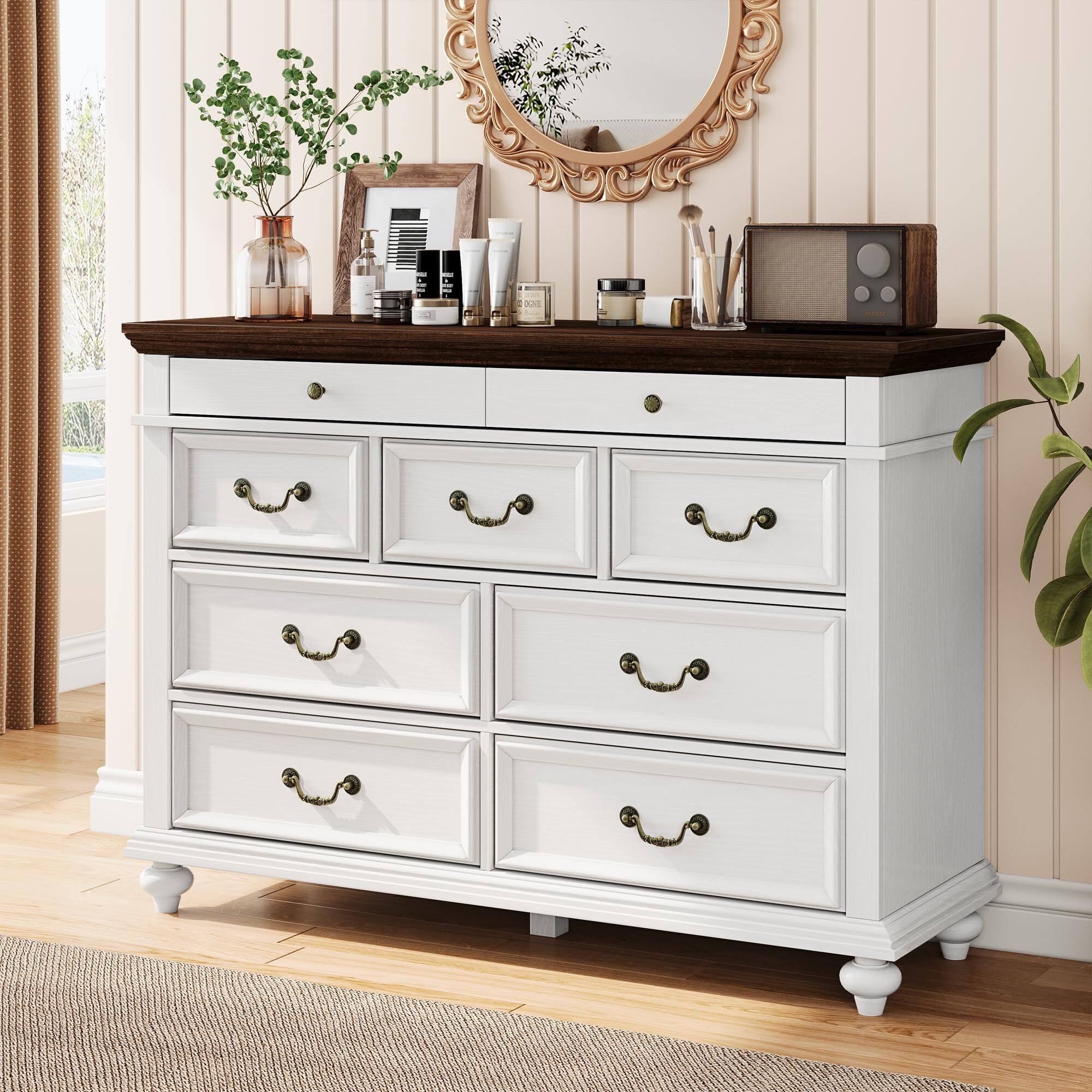 Alt View 7. Jojoka - 9 Drawer Dresser with Jewelry Storage, Rustic Wood Chest with Metal Handles, Vintage Storage Organizer - White.
