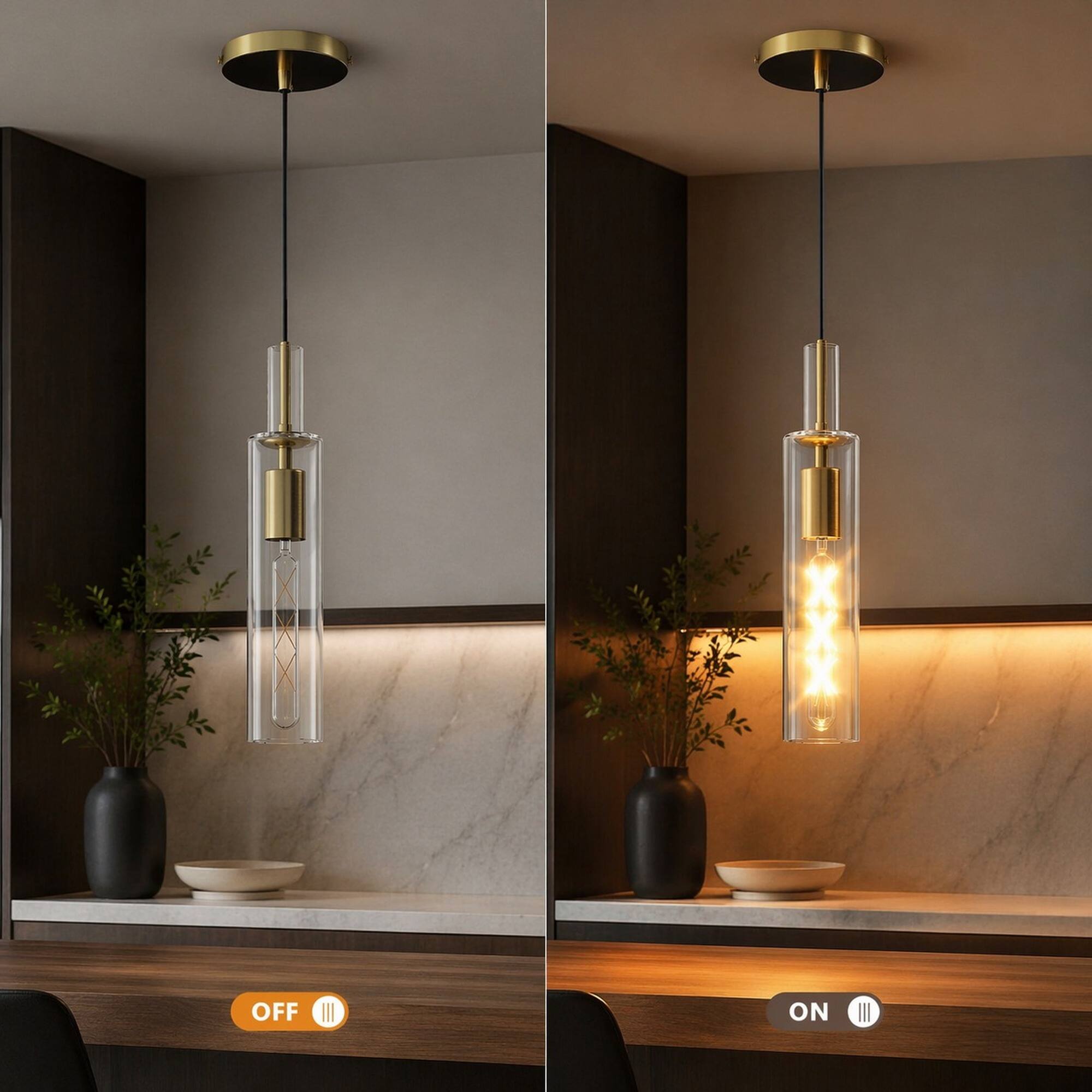 Alt View 3. RYHNUYNE - Set of 3 Gold Pendant Lights with Clear Ribbed Glass Shades, Adjustable Ceiling Hanging Lamps for Kitchen Island.