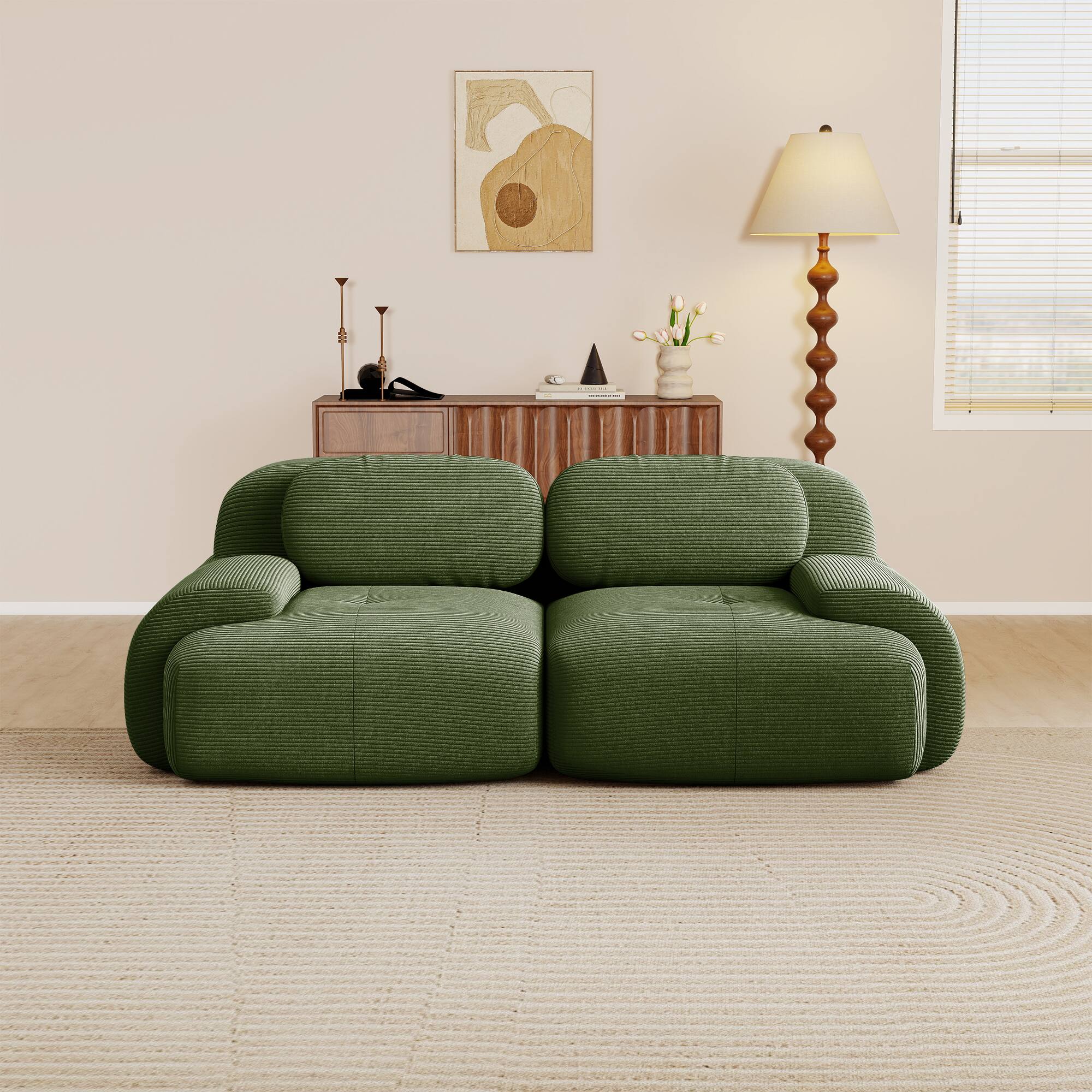 Angle. Aukfa - 2 seats Modular Corduroy Sectional Sofa with Ergonomic Support - Pet Friendly, Easy Assembly, Non-Slip Base Design - Green.