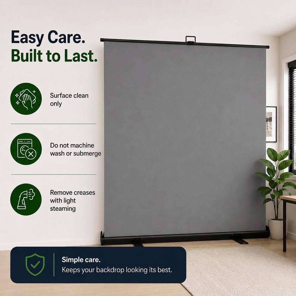 Easy Care. Built to Last.

- Surface clean only
- Do not machine wash or submerge
- Remove creases with light steaming

Simple care. Keeps your backdrop looking its best.